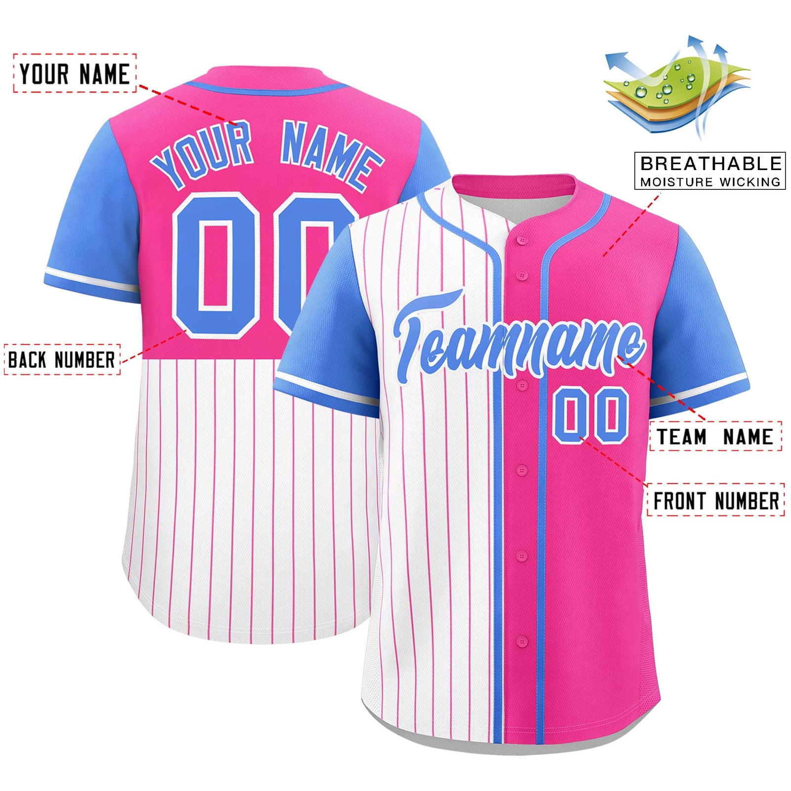 Custom White Pink and Powder Blue Pinstripe Personalized Raglan Sleeves Authentic Baseball Jersey