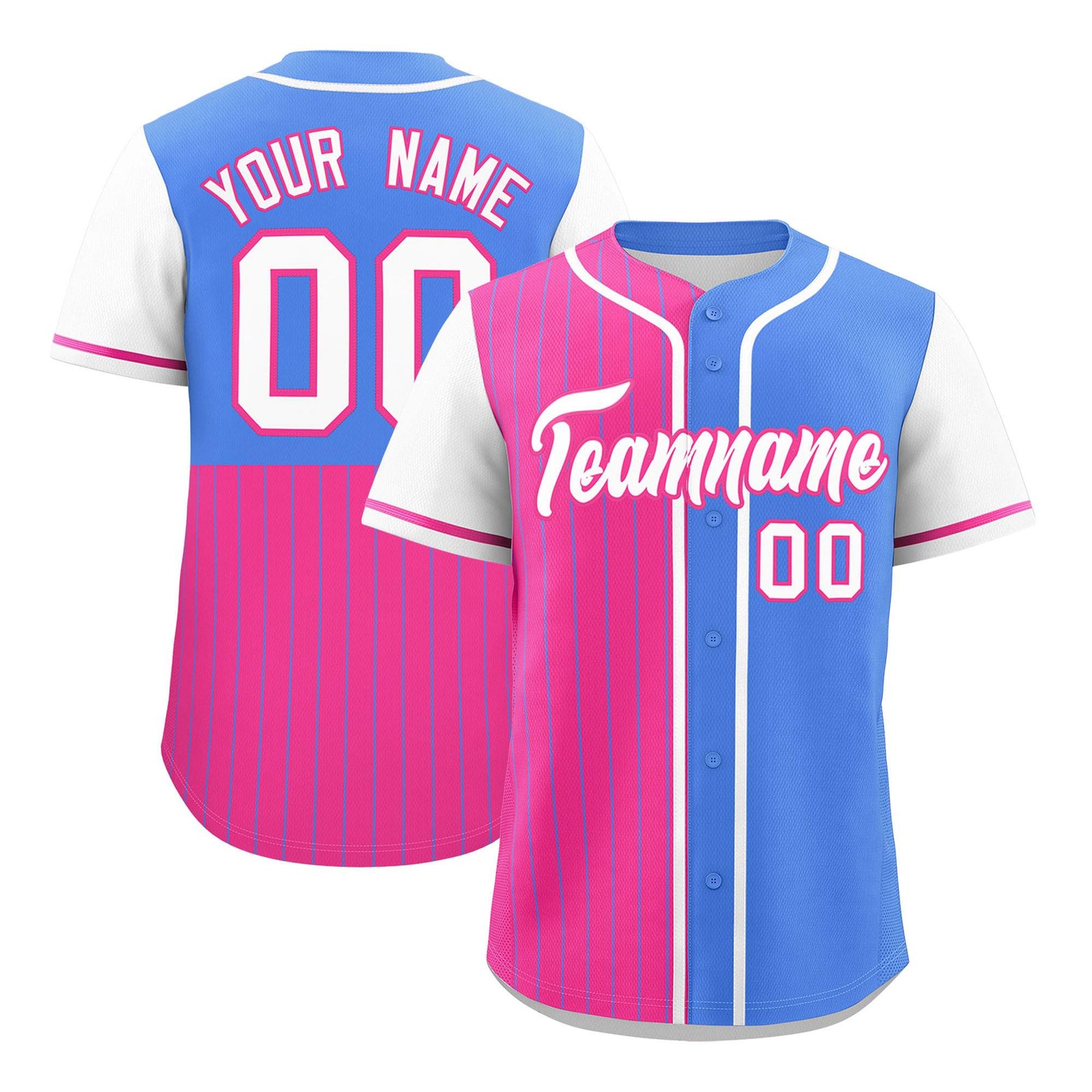 Custom Pink Powder Blue and White Pinstripe Personalized Raglan Sleeves Authentic Baseball Jersey