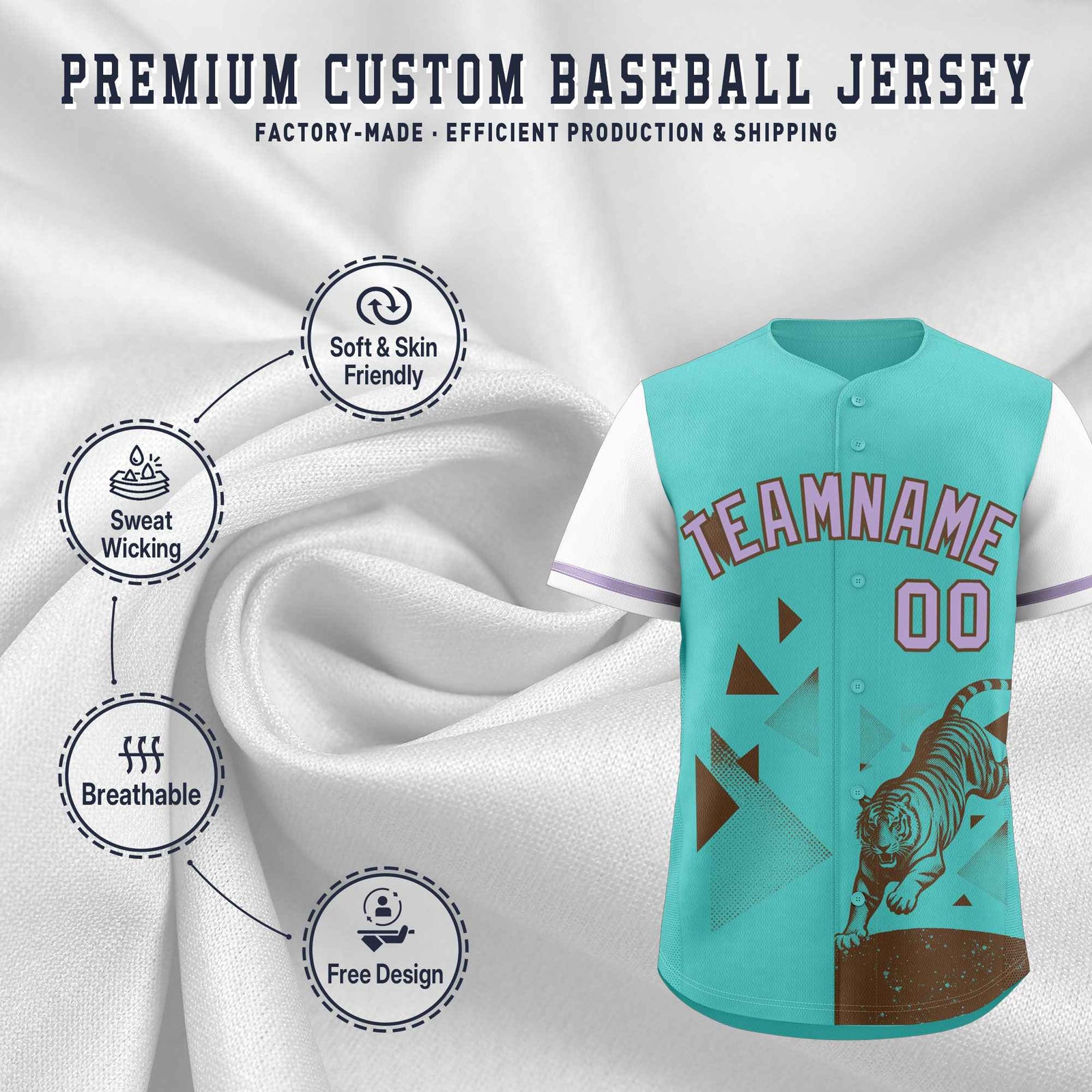 Custom White Teal Raptor Series Raglan Sleeves Breathable Baseball Jersey