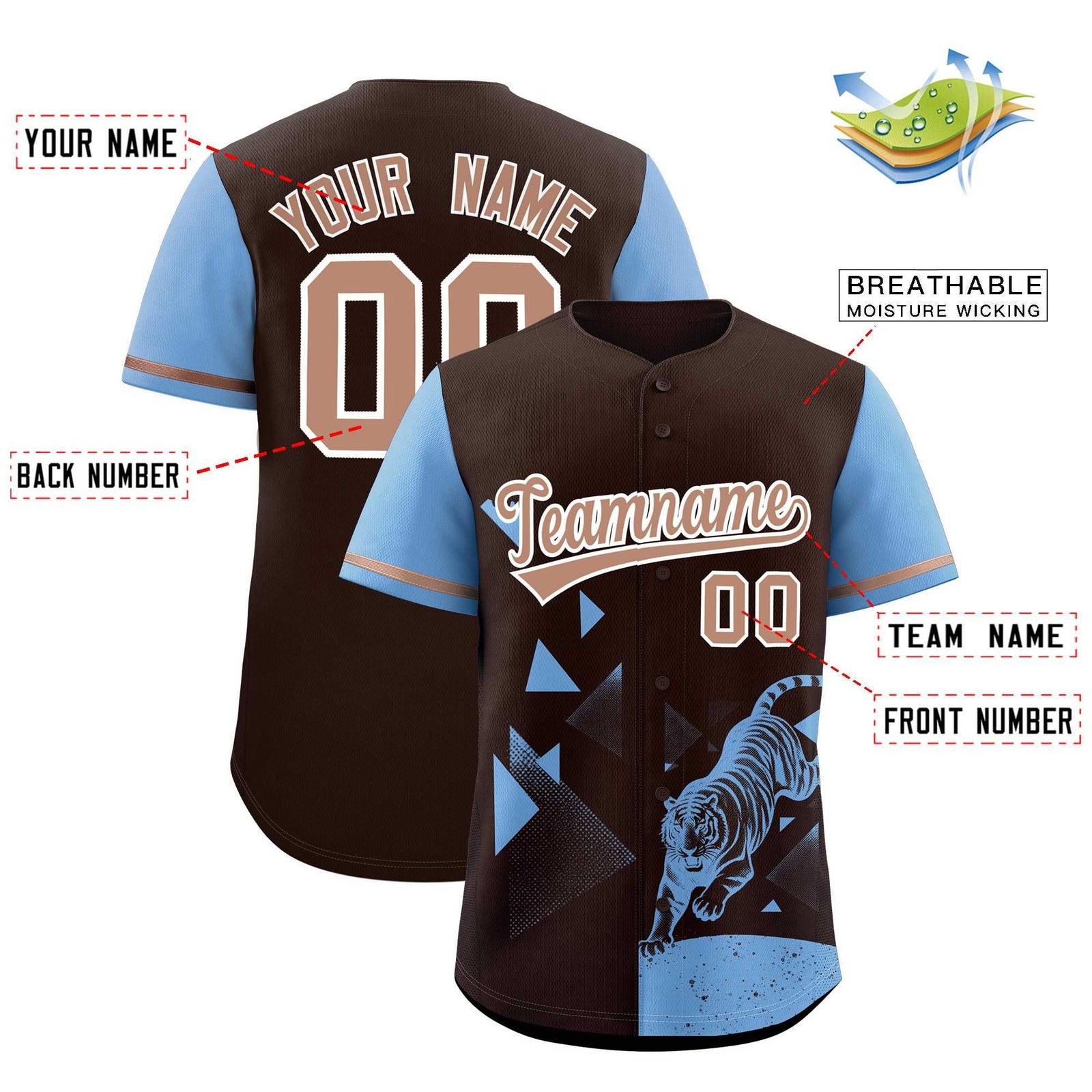 Custom Powder Blue Brown Raptor Series Raglan Sleeves Drapable Baseball Jersey |KXKSHOP