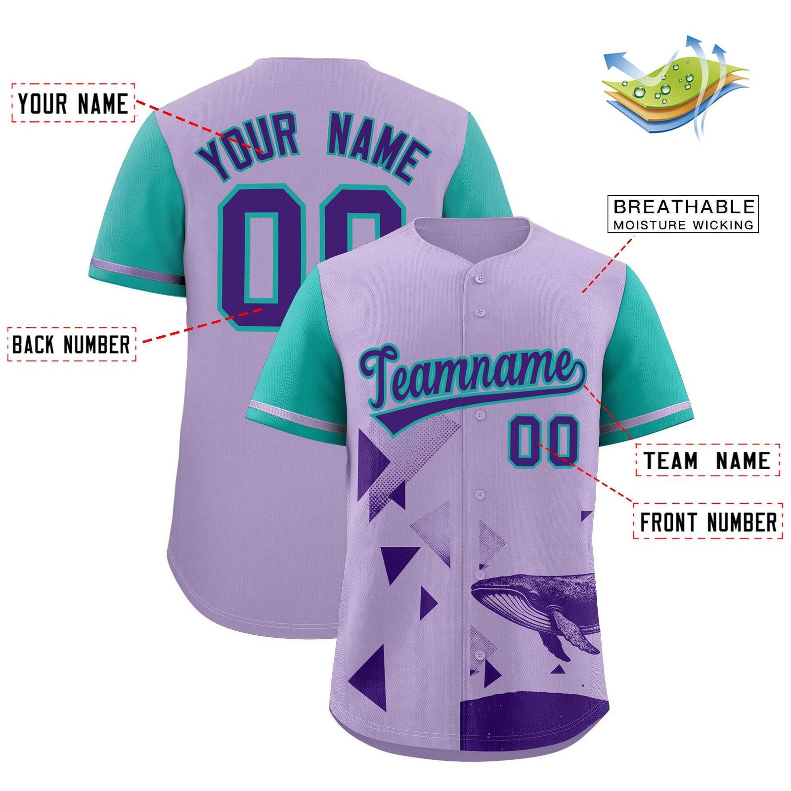 Custom Aqua Light Purple Raptor Series Raglan Sleeves Lightweight Baseball Jersey |KXKSHOP
