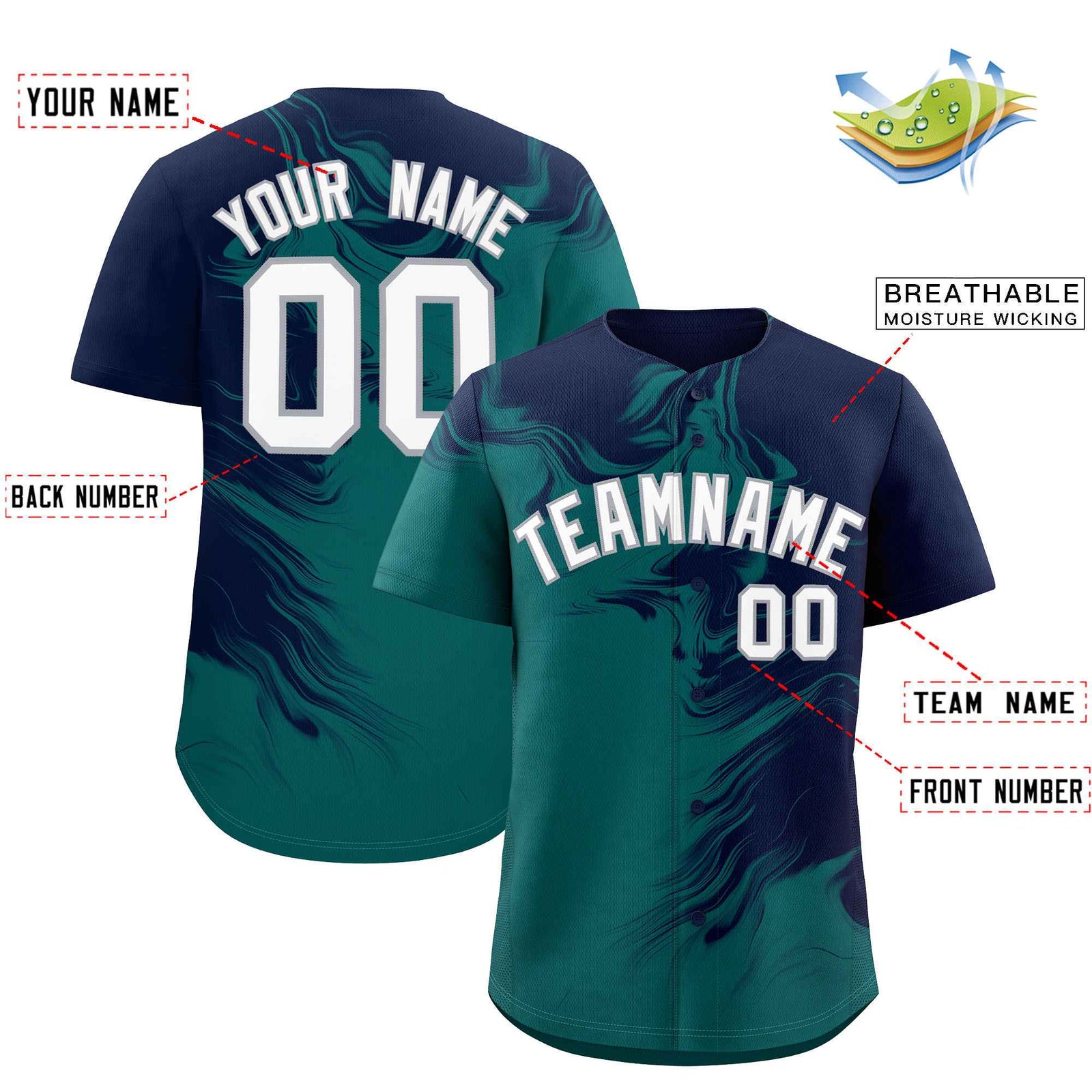 Custom Navy Aqua Personalized Ink Pattern Authentic Baseball Jersey