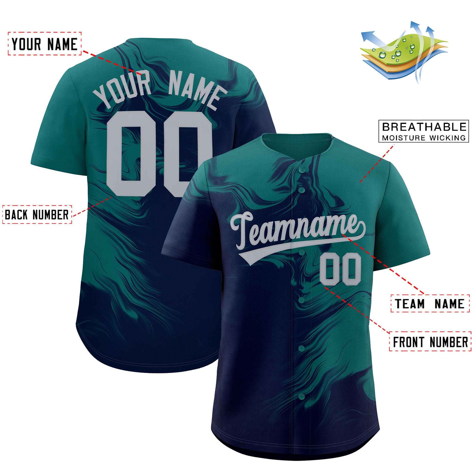 Custom Aqua Navy Personalized Ink Pattern Authentic Baseball Jersey