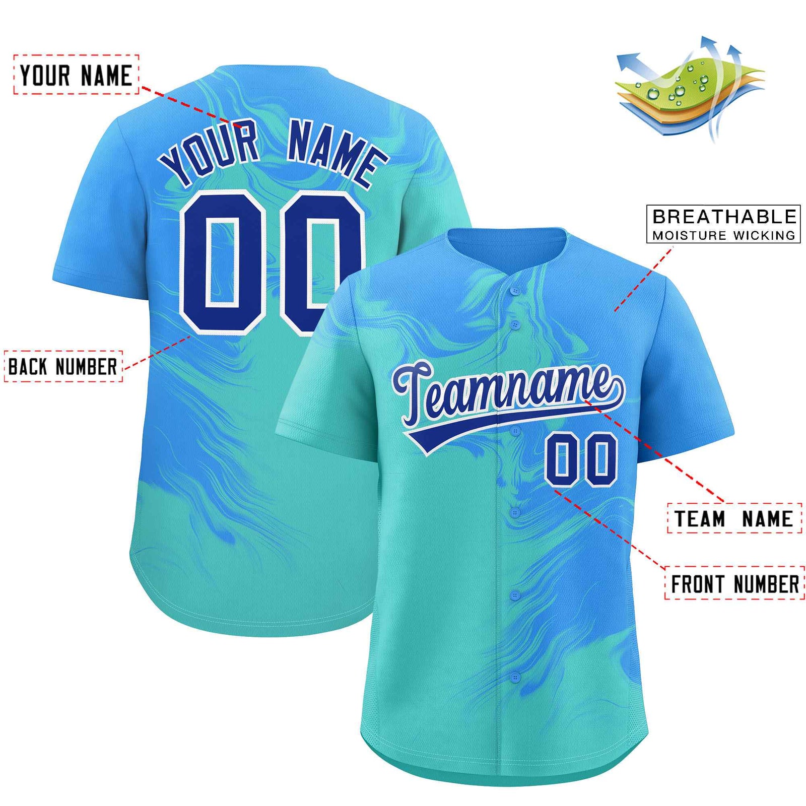Custom Powder Blue Bright Green Personalized Ink Pattern Authentic Baseball Jersey