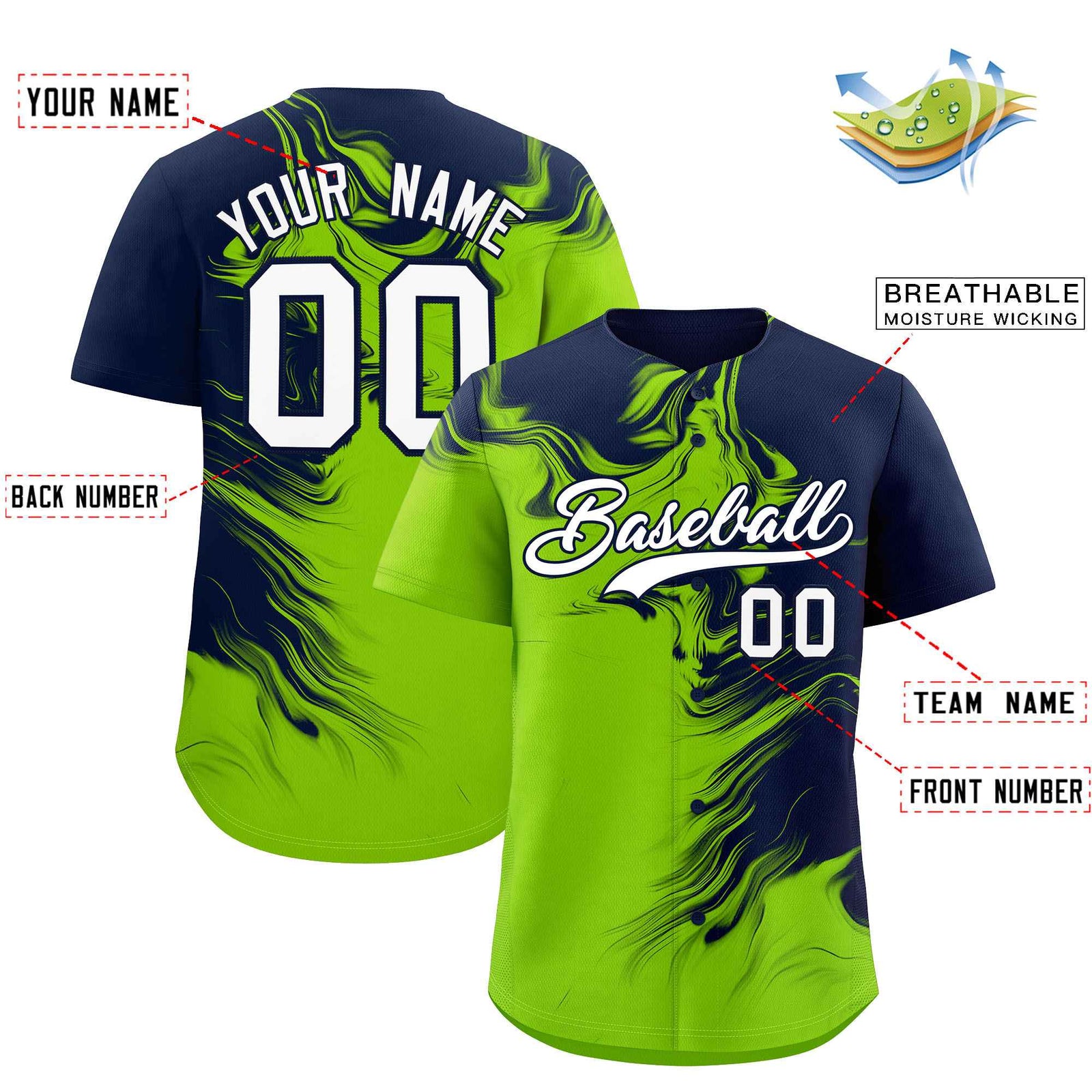 Custom Navy Neon Green Personalized Ink Pattern Authentic Baseball Jersey