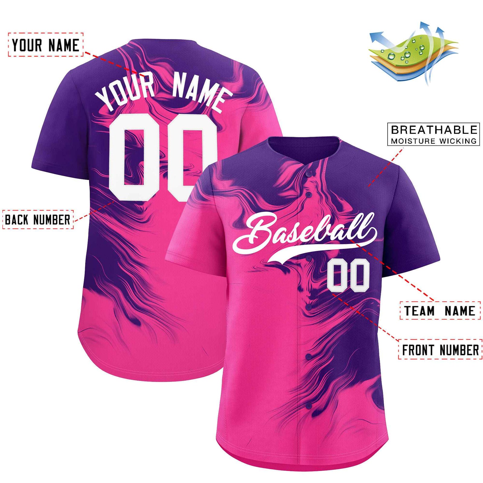 Custom Purple Pink Personalized Ink Pattern Authentic Baseball Jersey