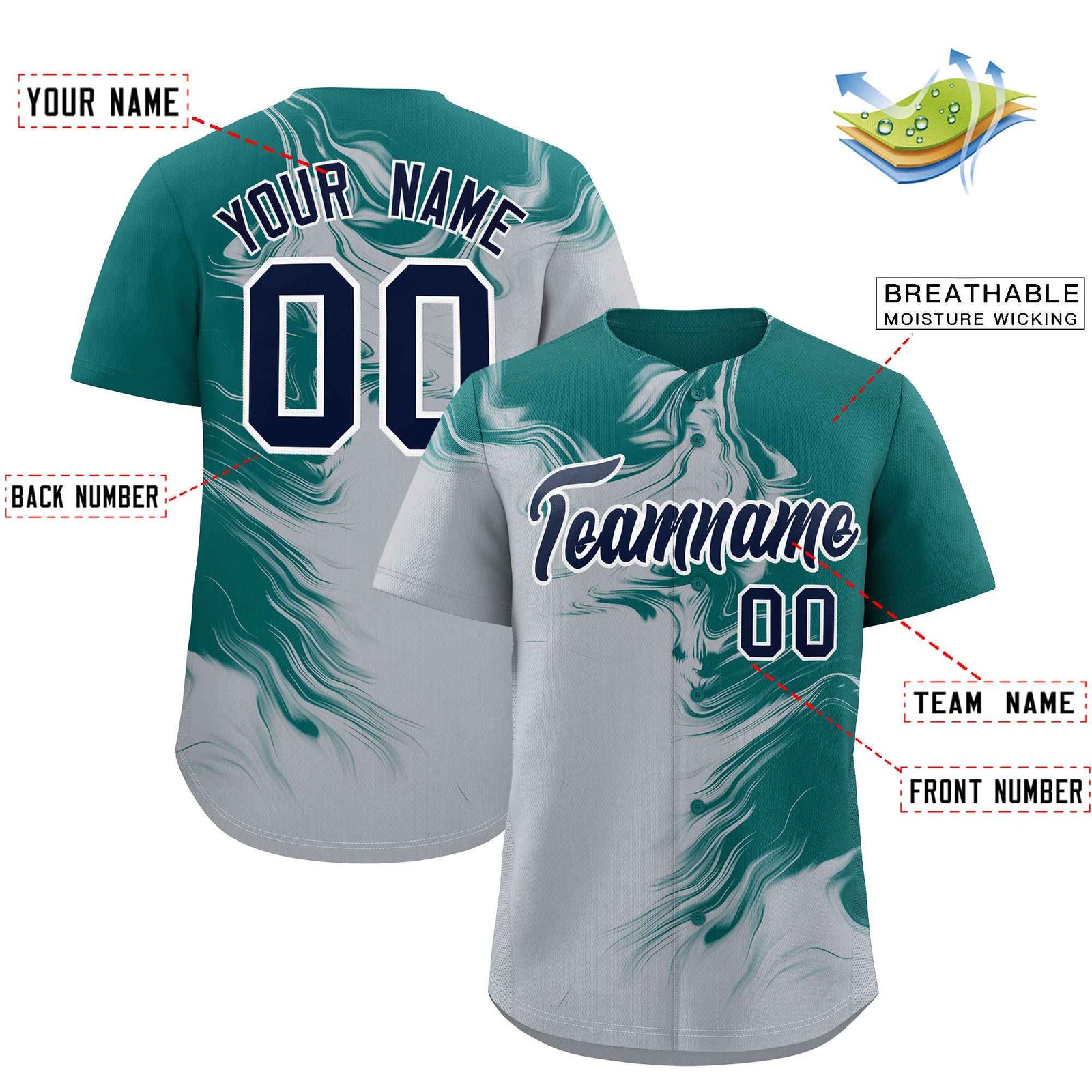 Custom Aqua Gray Personalized Ink Pattern Authentic Baseball Jersey