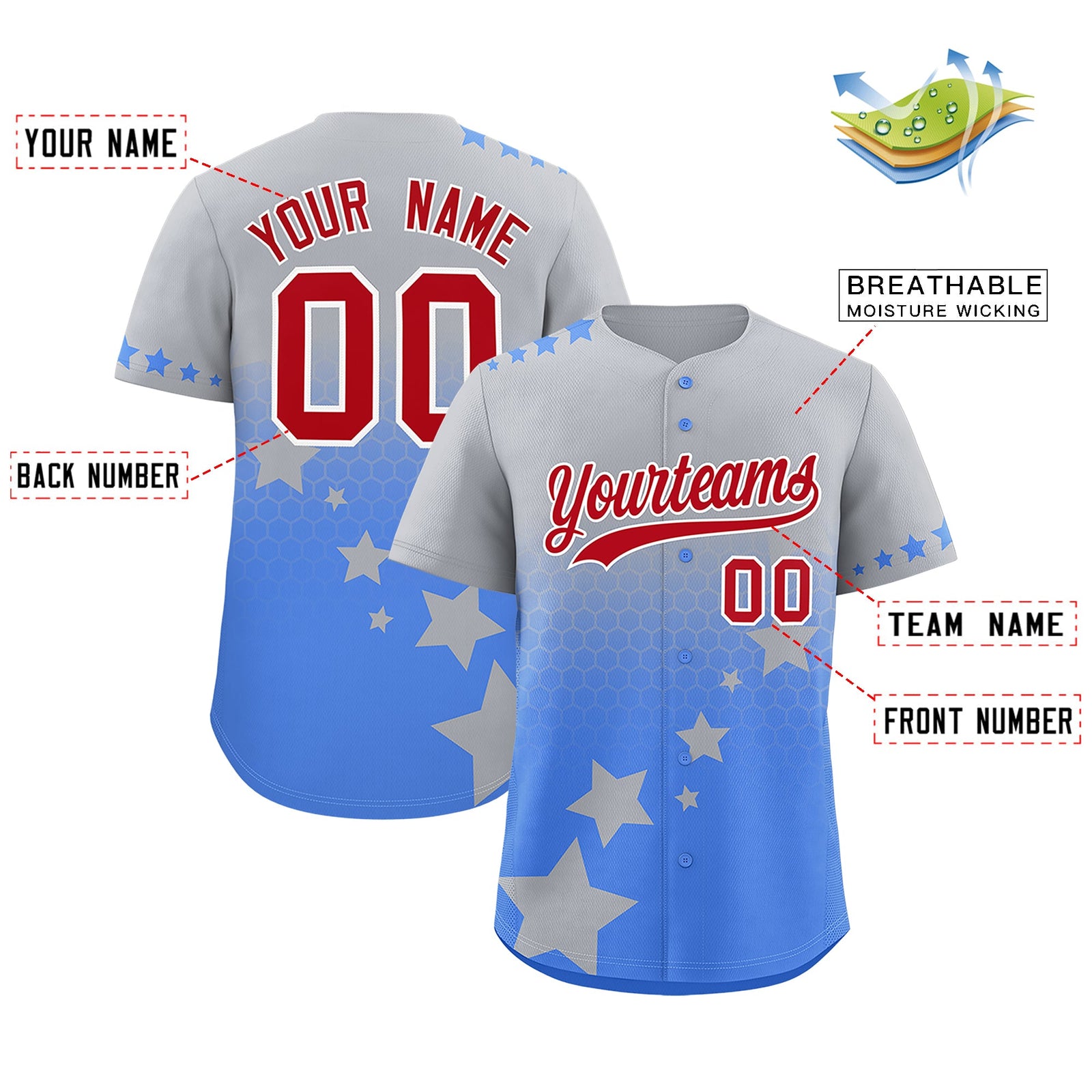 Custom Gray Powder Blue Red Rising Stars Series Gradient Fashion Baseball Jersey| KXKSHOP