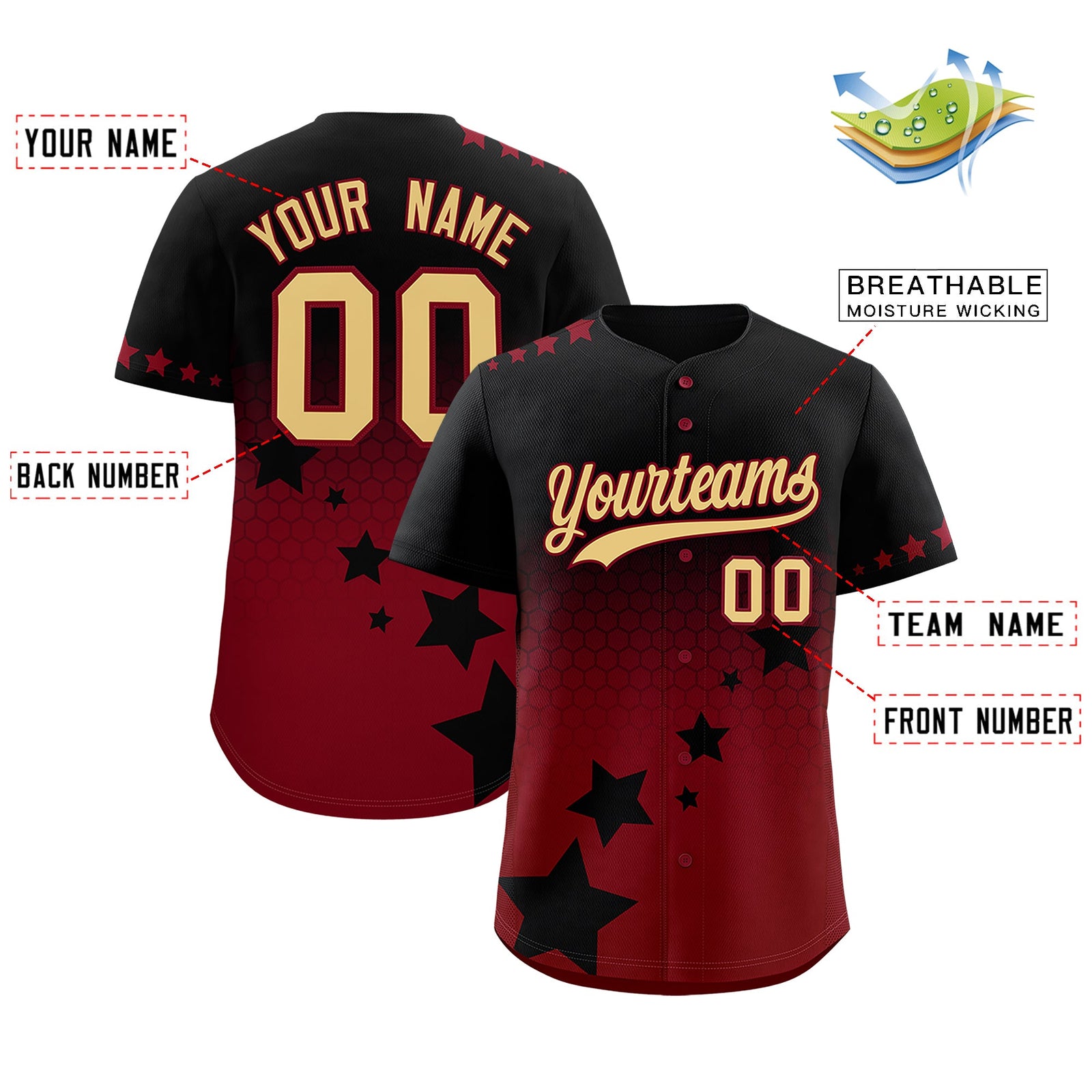Custom Black Crimson Khaki Rising Stars Series Gradient Fashion Baseball Jersey| KXKSHOP