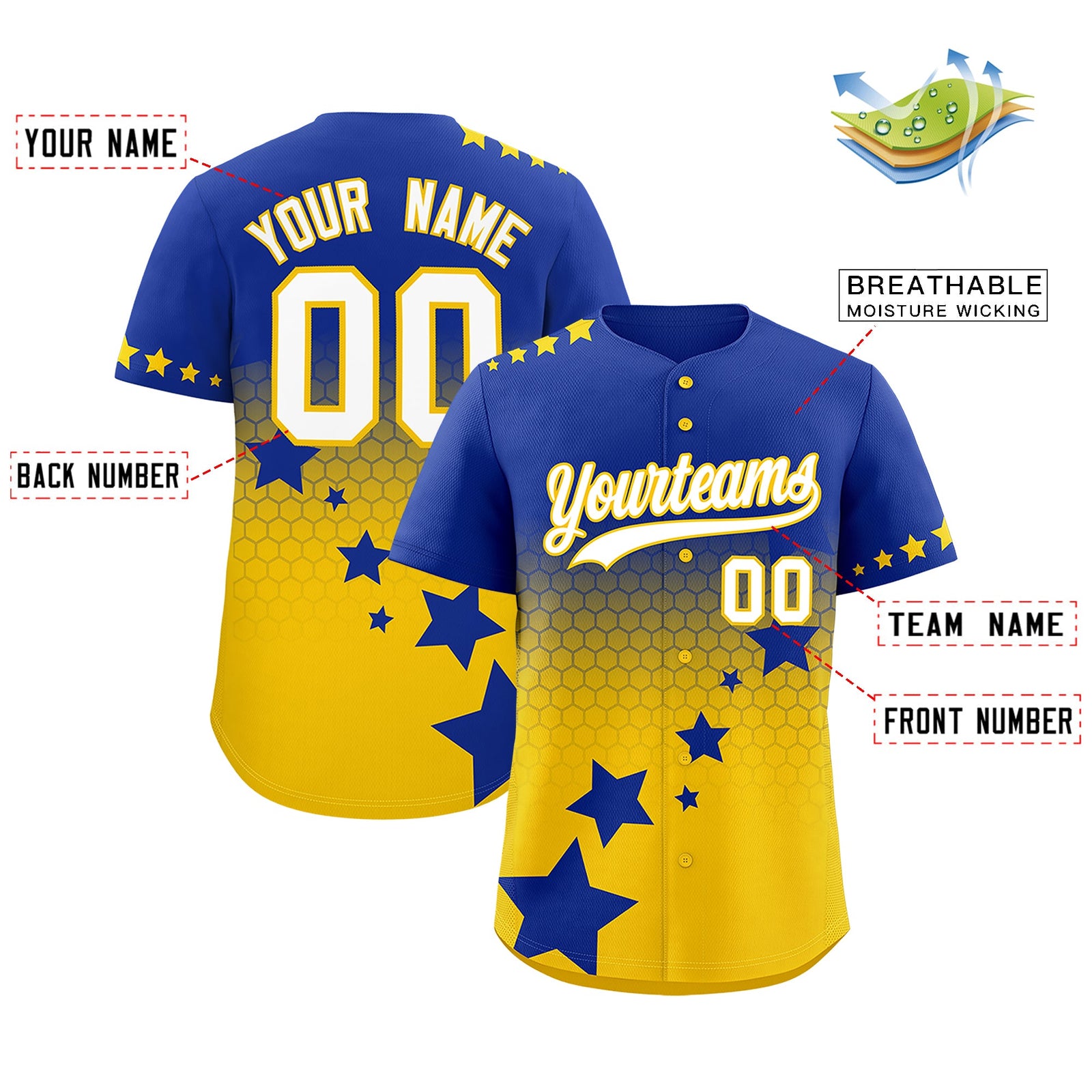 Custom Royal Blue Gold White Rising Stars Series Gradient Fashion Baseball Jersey| KXKSHOP