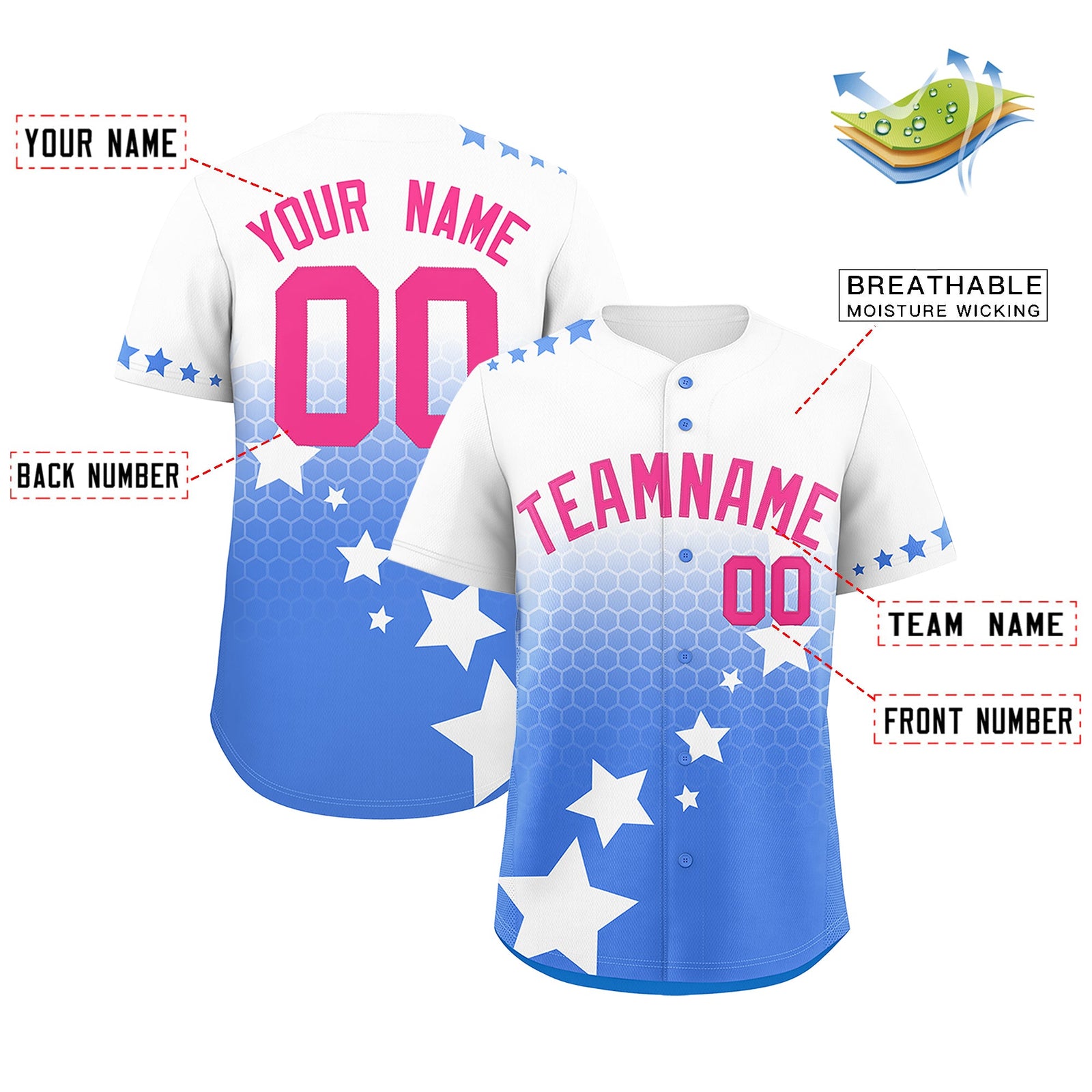 Custom White Powder Blue Pink Rising Stars Series Gradient Fashion Baseball Jersey| KXKSHOP