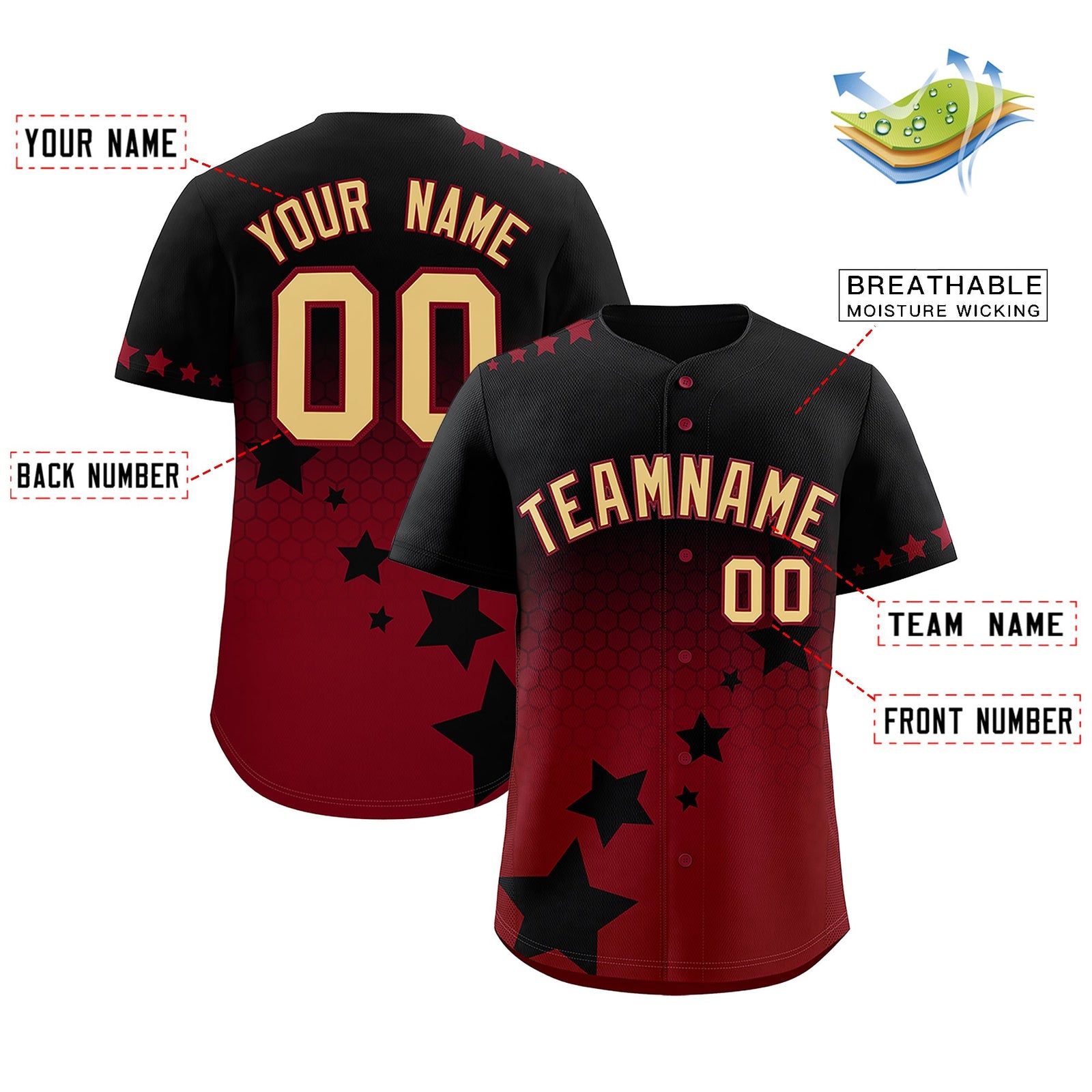 Custom Black Crimson Khaki Rising Stars Series Gradient Fashion Baseball Jersey| KXKSHOP