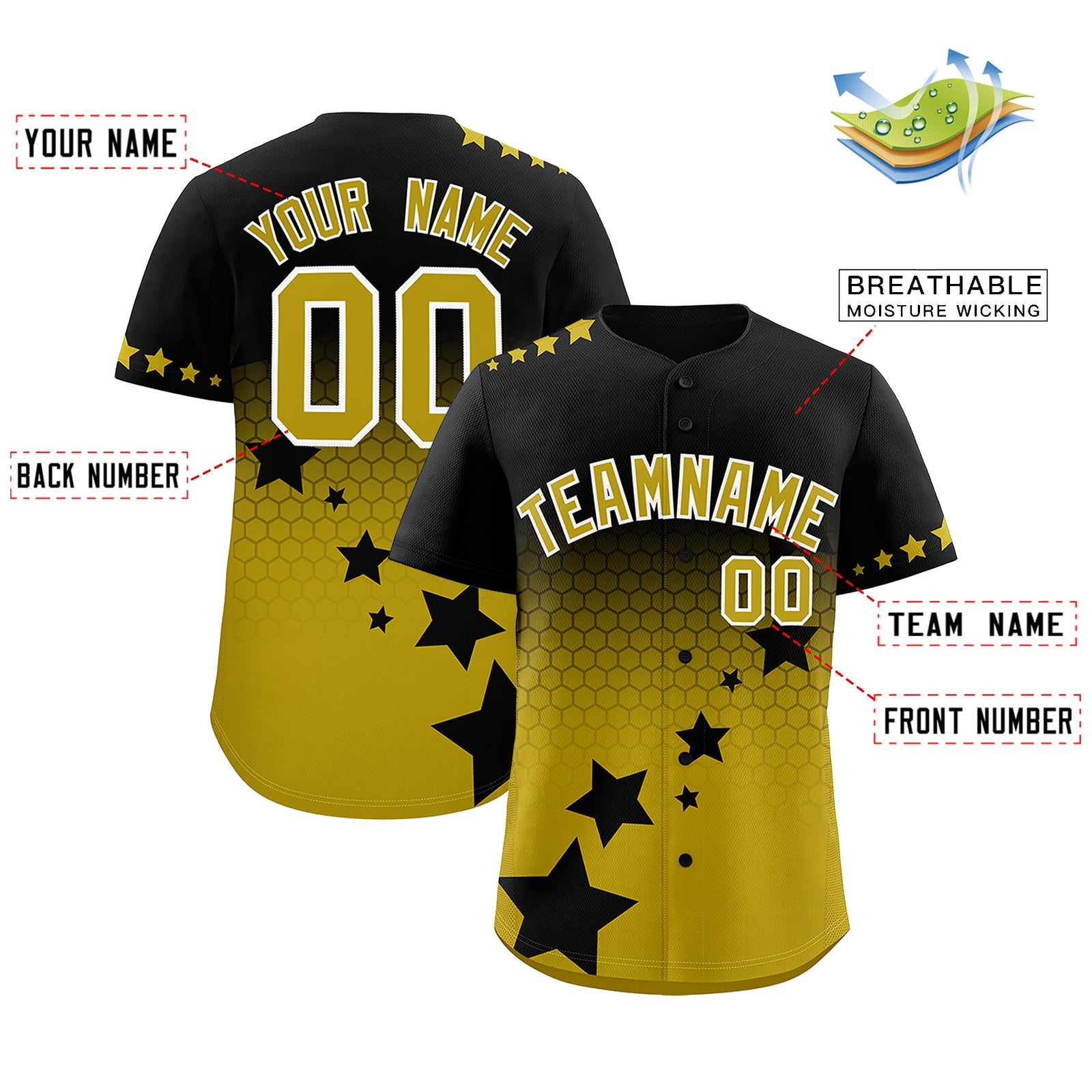 Custom Black Old Gold White Rising Stars Series Gradient Fashion Baseball Jersey| KXKSHOP