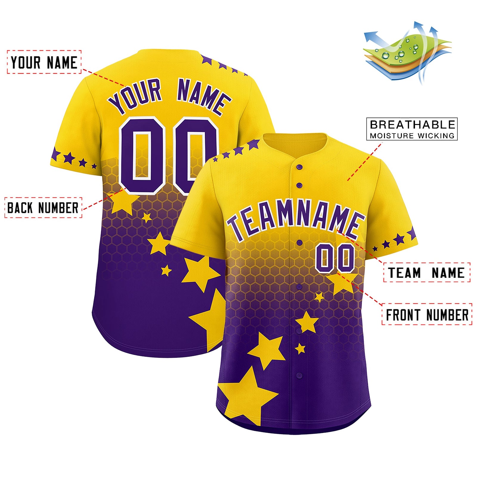 Custom Gold Purple White Rising Stars Series Gradient Fashion Baseball Jersey| KXKSHOP