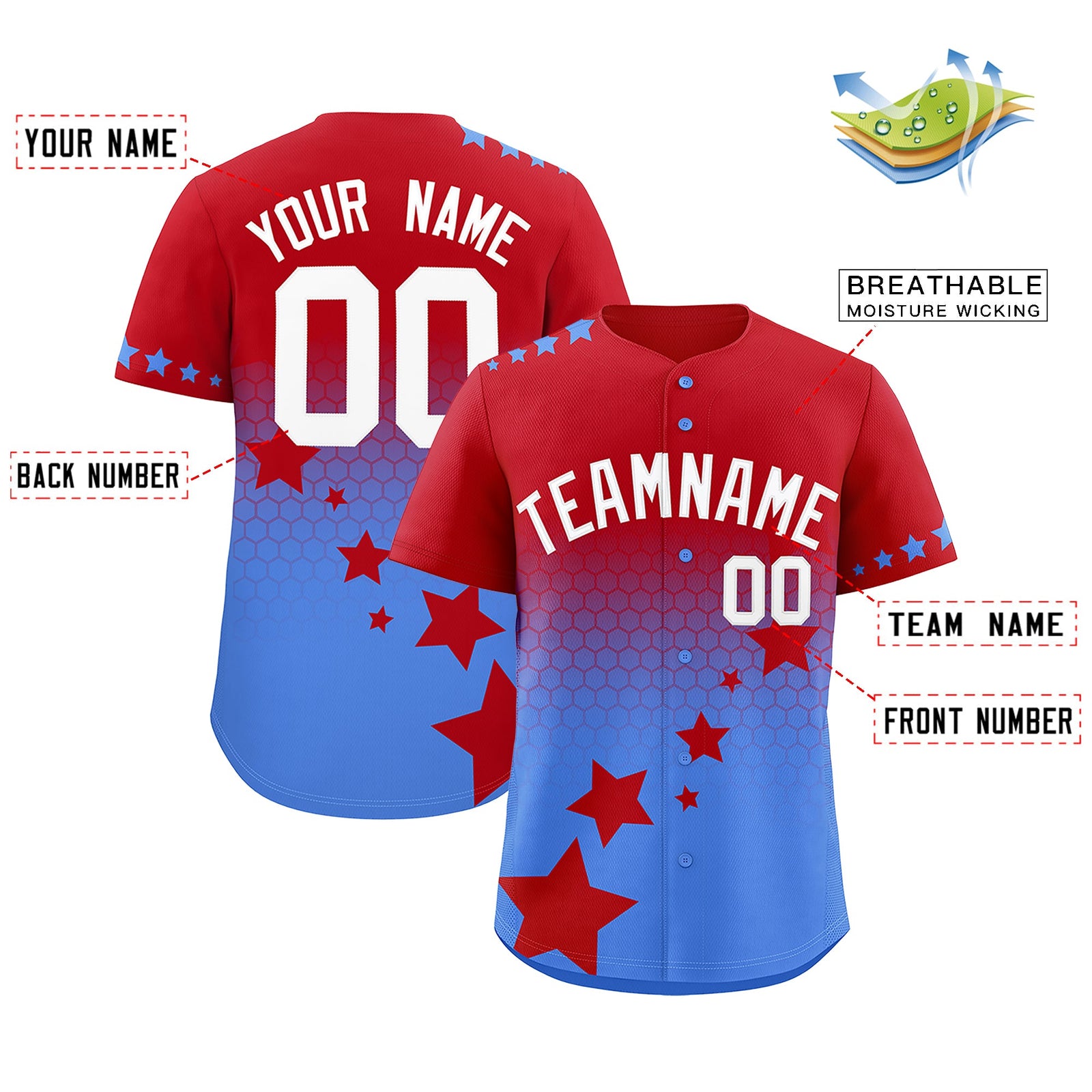 Custom Red Powder Blue White Rising Stars Series Gradient Fashion Baseball Jersey| KXKSHOP