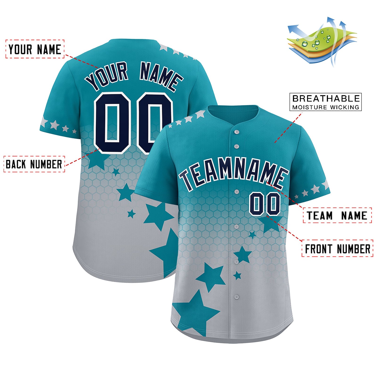 Custom Teal Gray Navy Rising Stars Series Gradient Fashion Baseball Jersey| KXKSHOP
