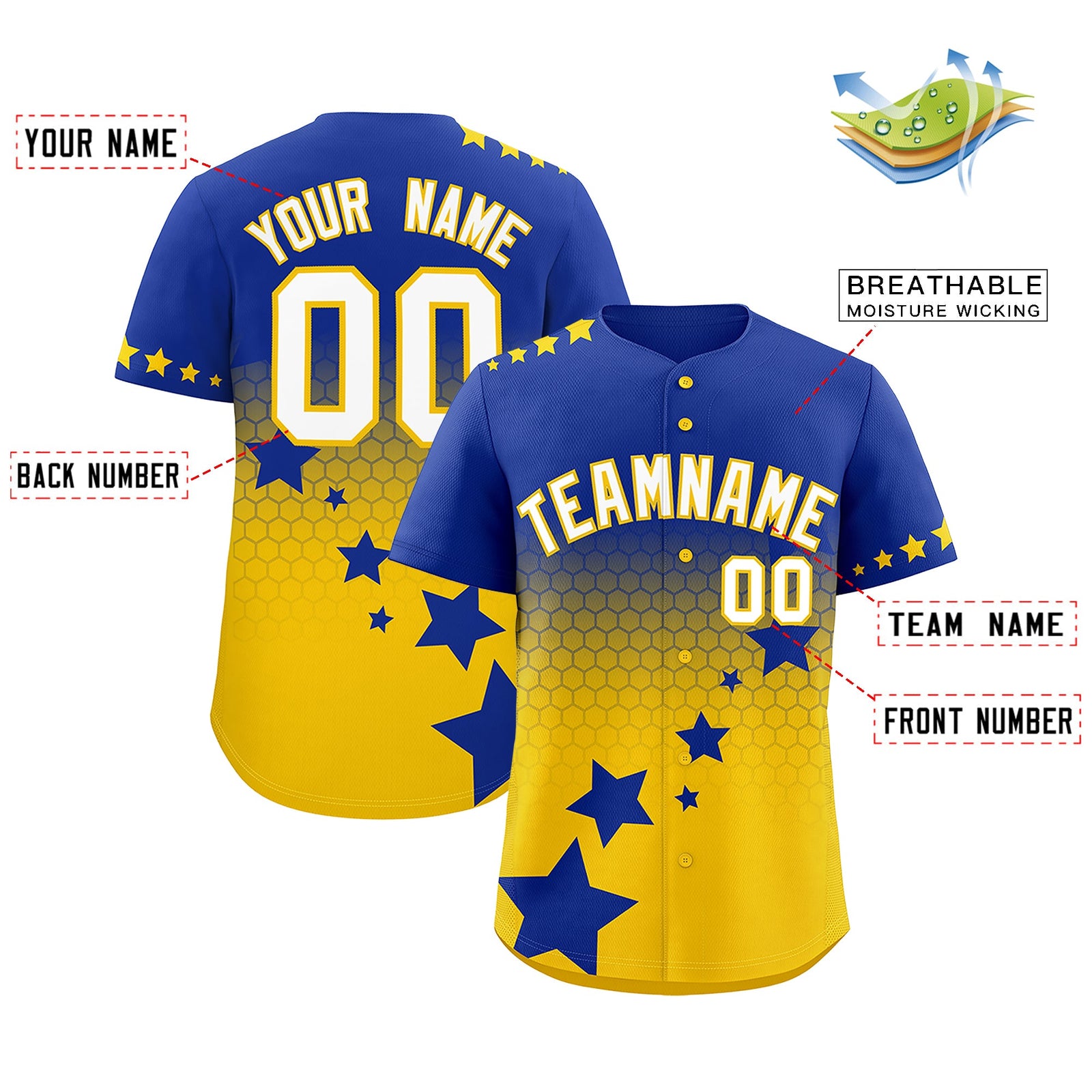 Custom Royal Blue Gold White Rising Stars Series Gradient Fashion Baseball Jersey| KXKSHOP