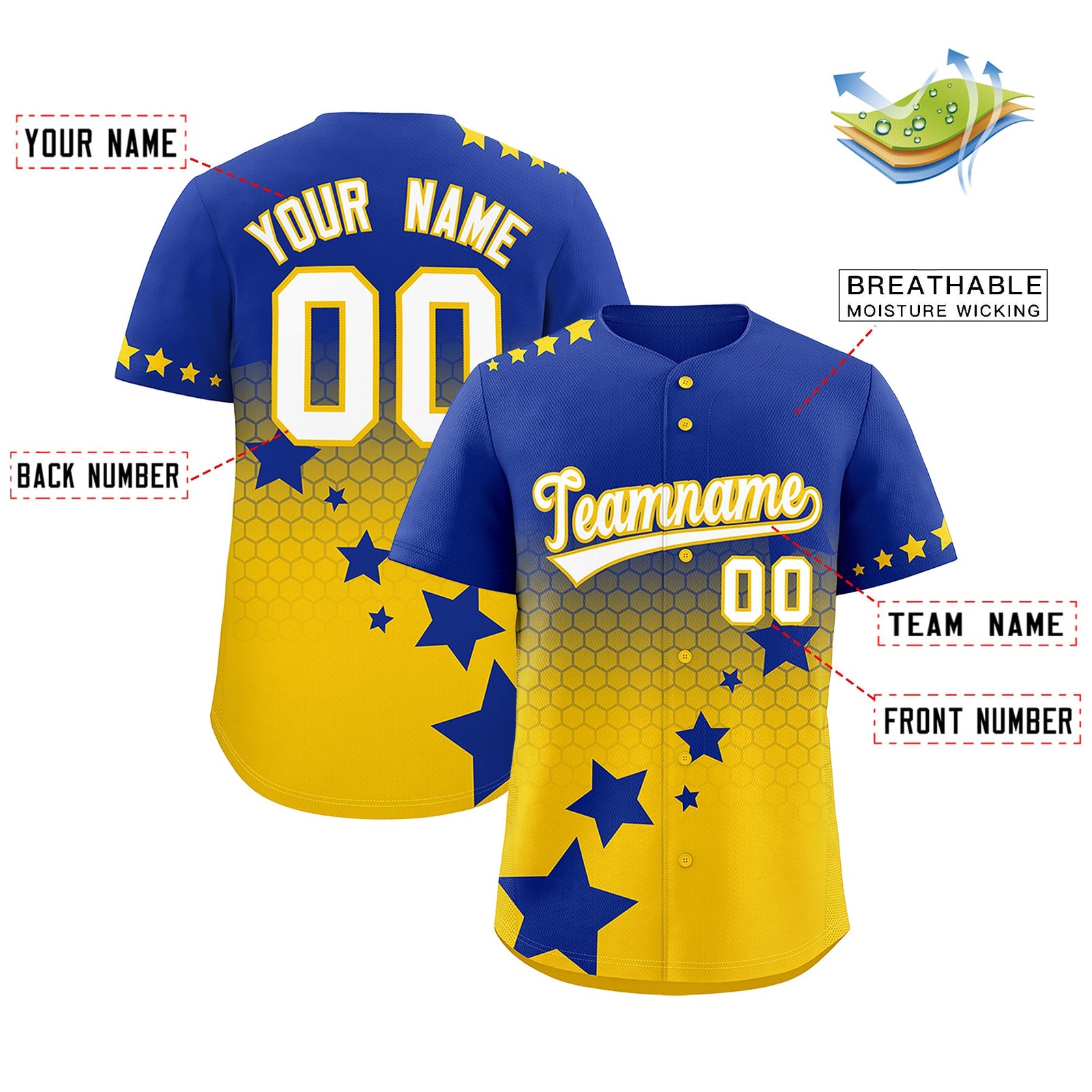 Custom Royal Blue Gold White Rising Stars Series Gradient Fashion Baseball Jersey| KXKSHOP