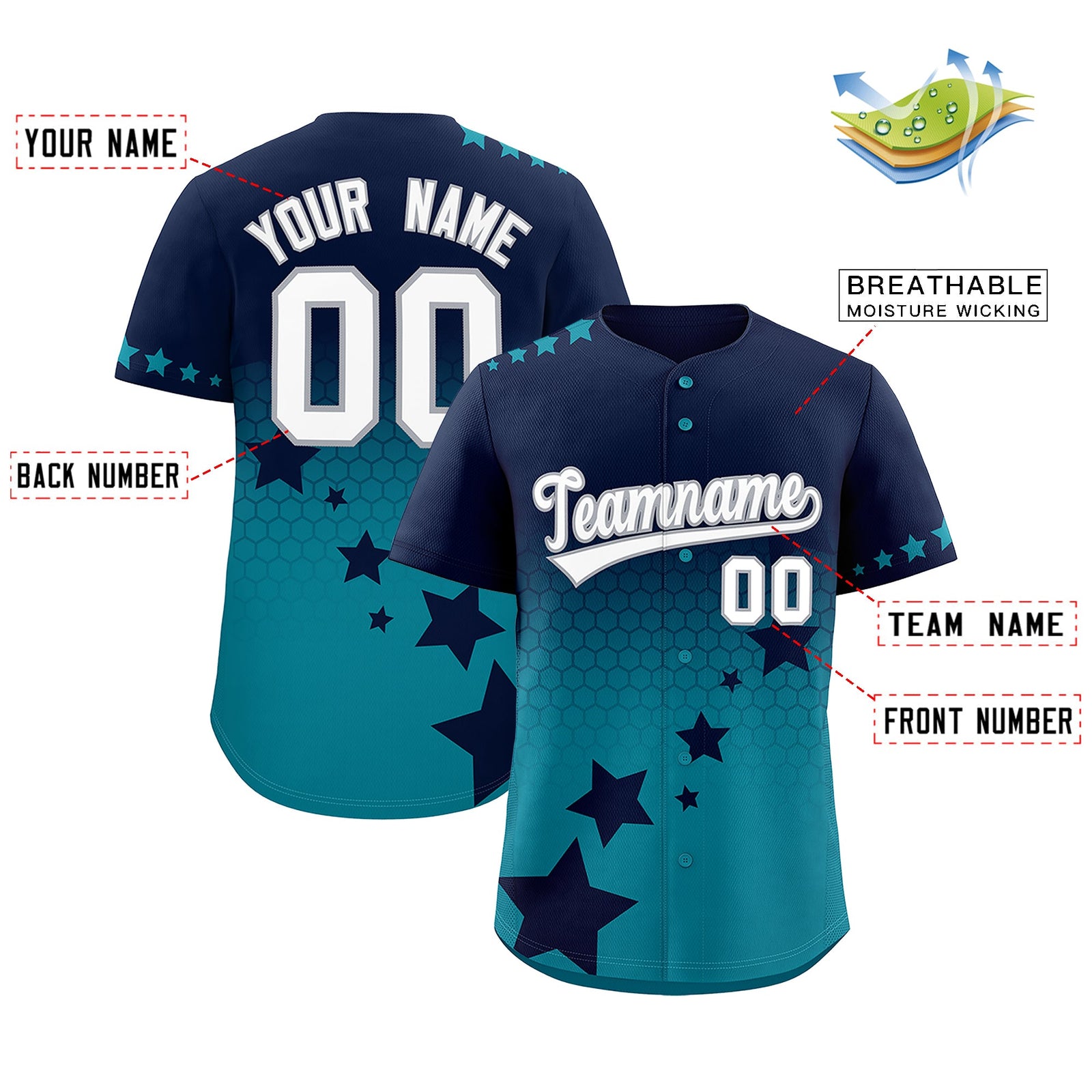 Custom Navy Teal White Rising Stars Series Gradient Fashion Baseball Jersey| KXKSHOP