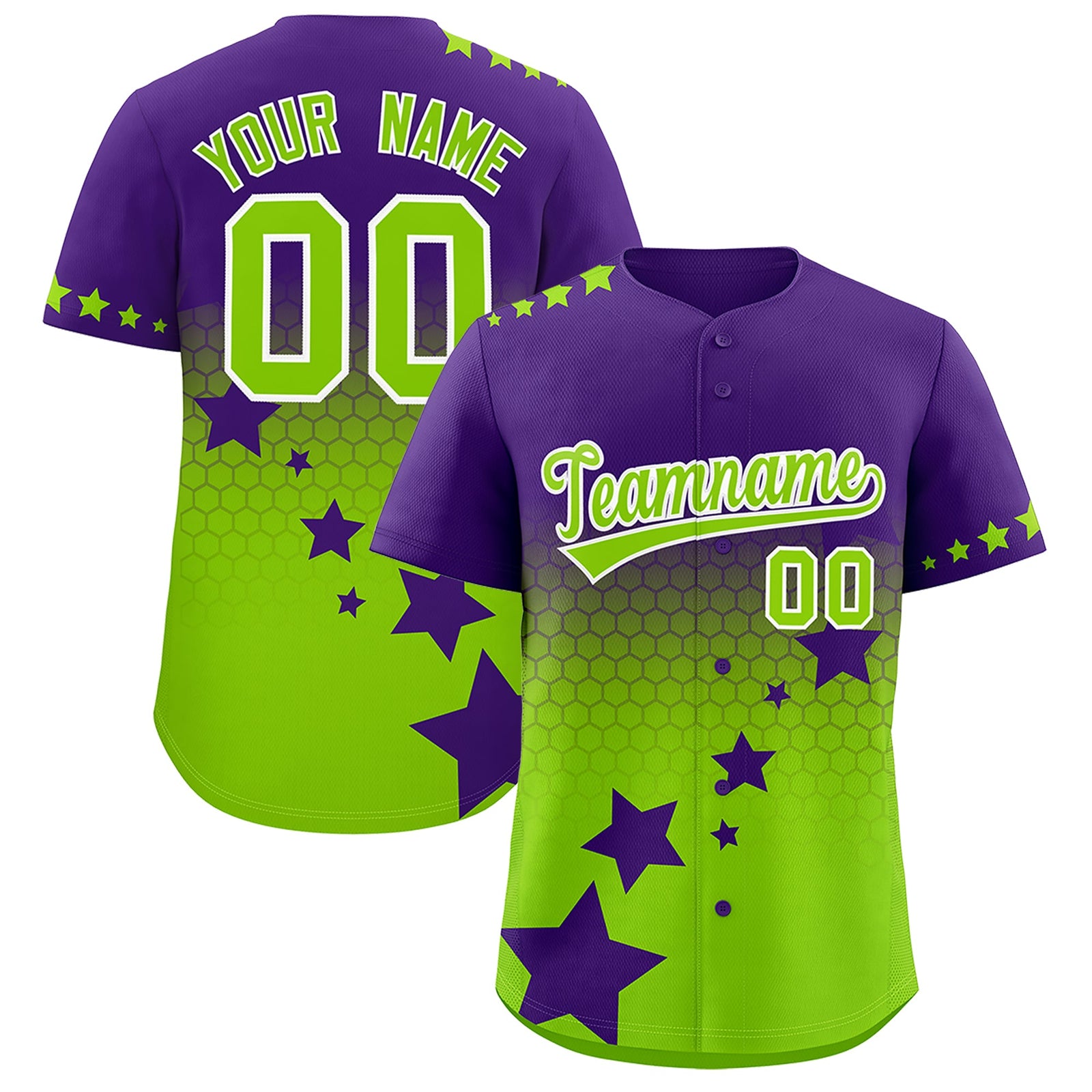 Custom Purple Neon Green White Rising Stars Series Gradient Fashion Baseball Jersey| KXKSHOP