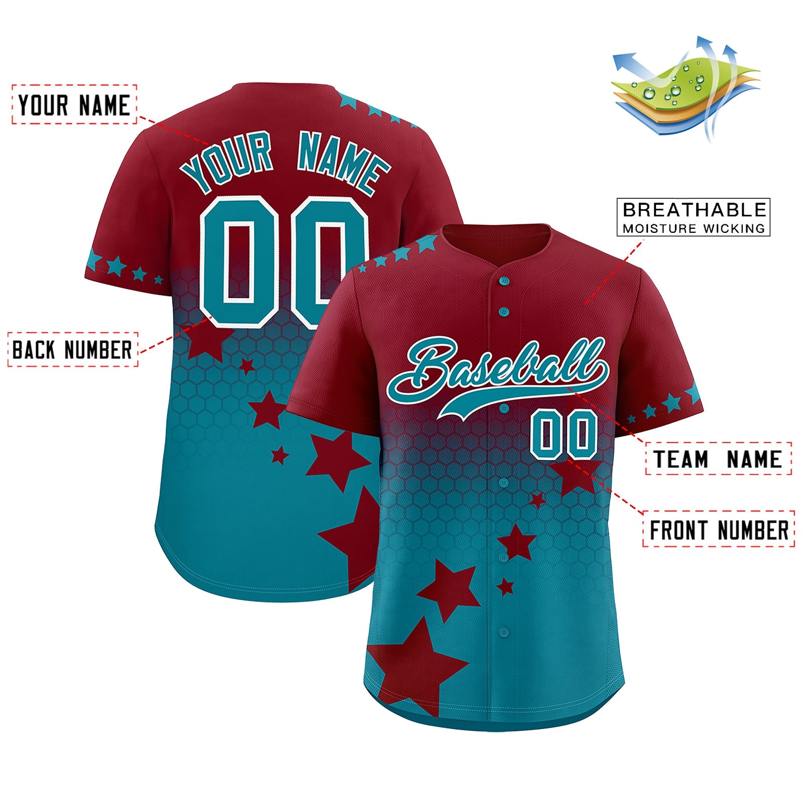Custom Crimson Teal White Rising Stars Series Gradient Fashion Baseball Jersey| KXKSHOP