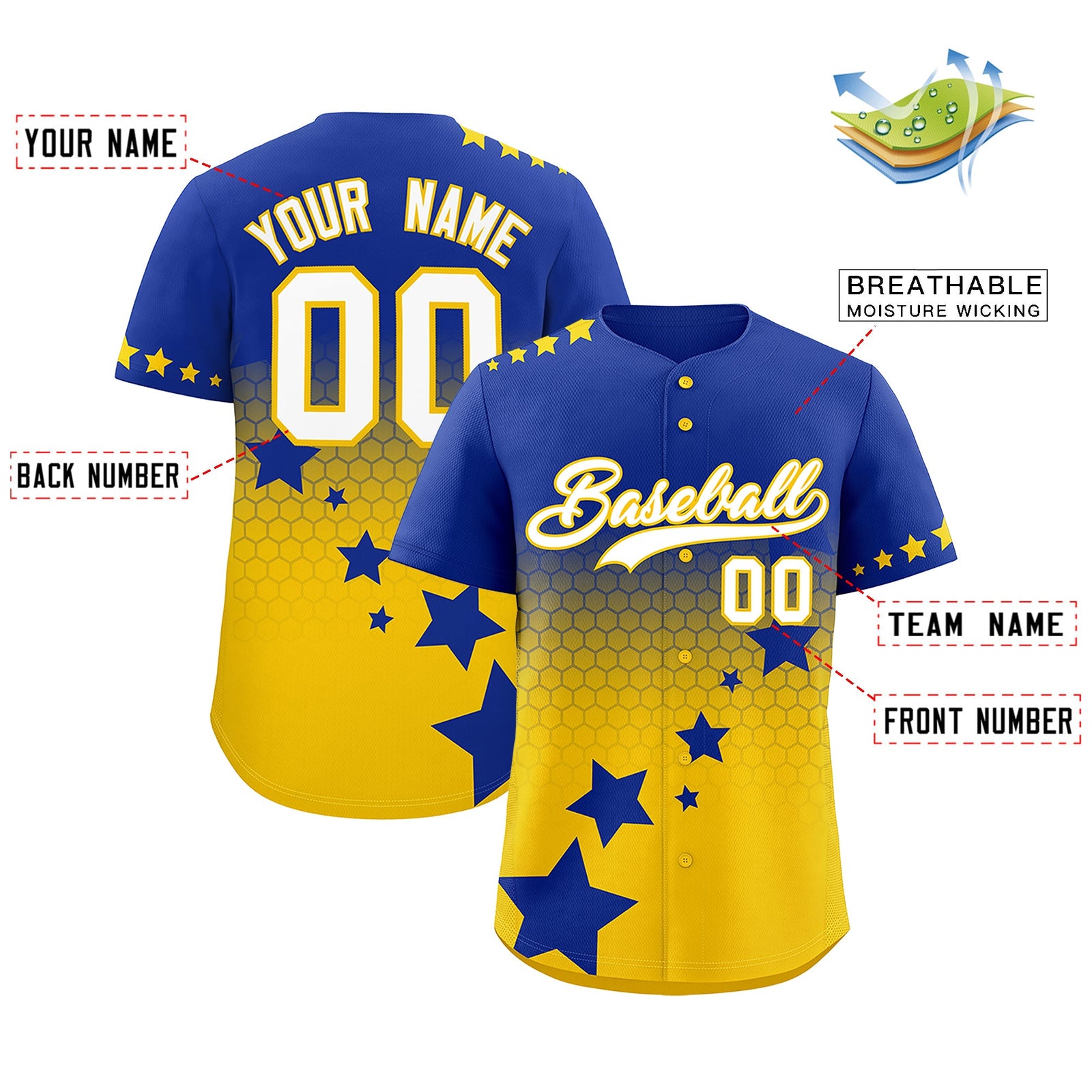 Custom Royal Blue Gold White Rising Stars Series Gradient Fashion Baseball Jersey| KXKSHOP