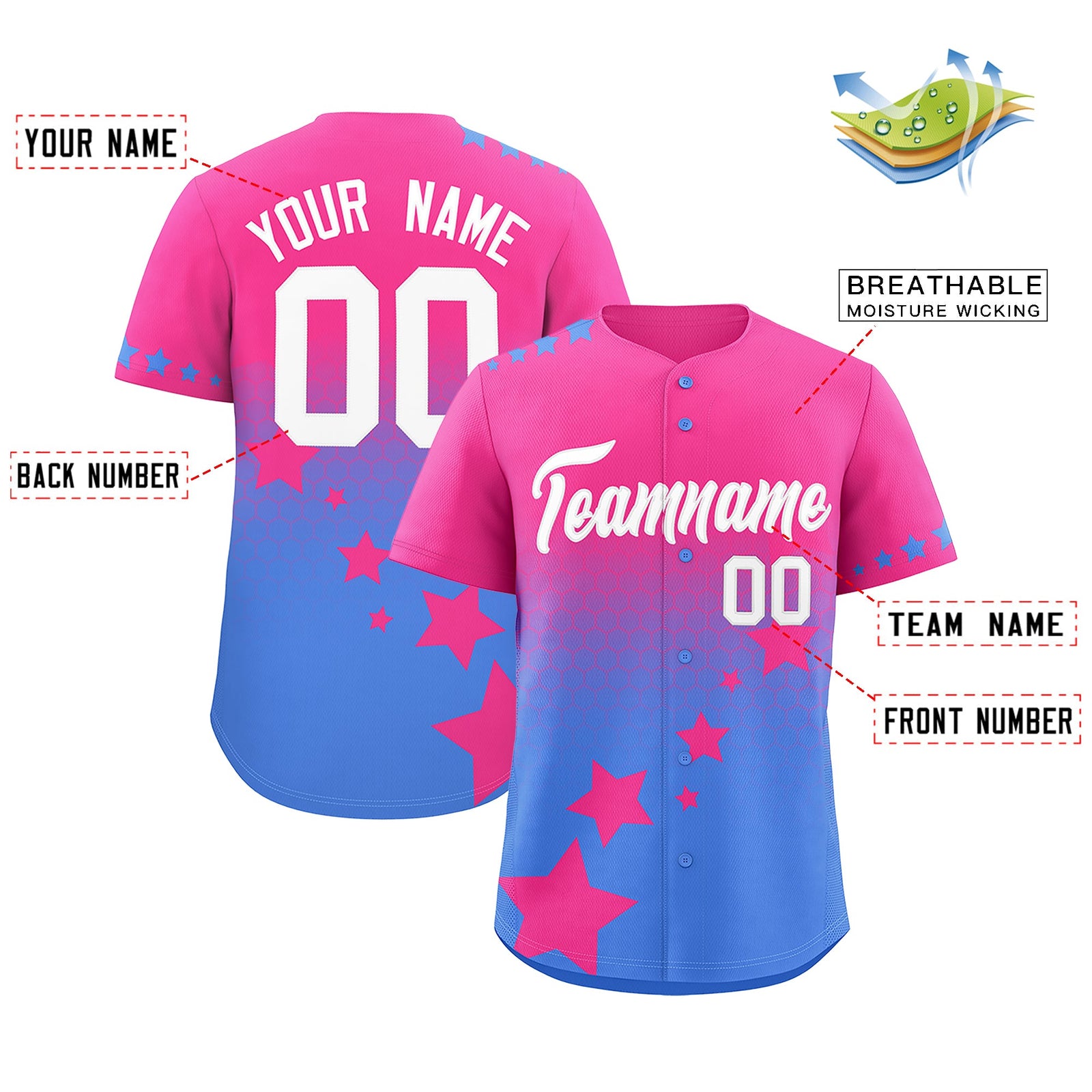 Custom Pink Powder Blue White Rising Stars Series Gradient Fashion Baseball Jersey| KXKSHOP