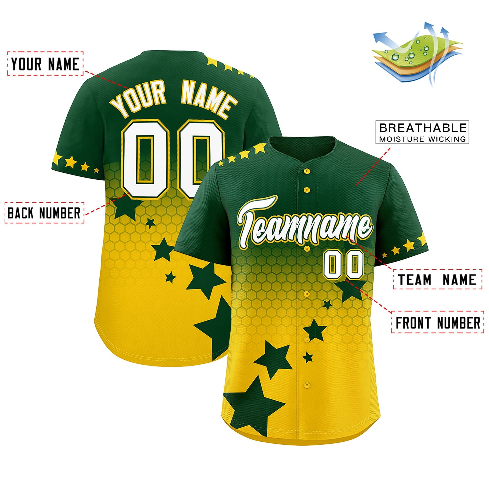 Custom Green Gold White Rising Stars Series Gradient Fashion Baseball Jersey| KXKSHOP
