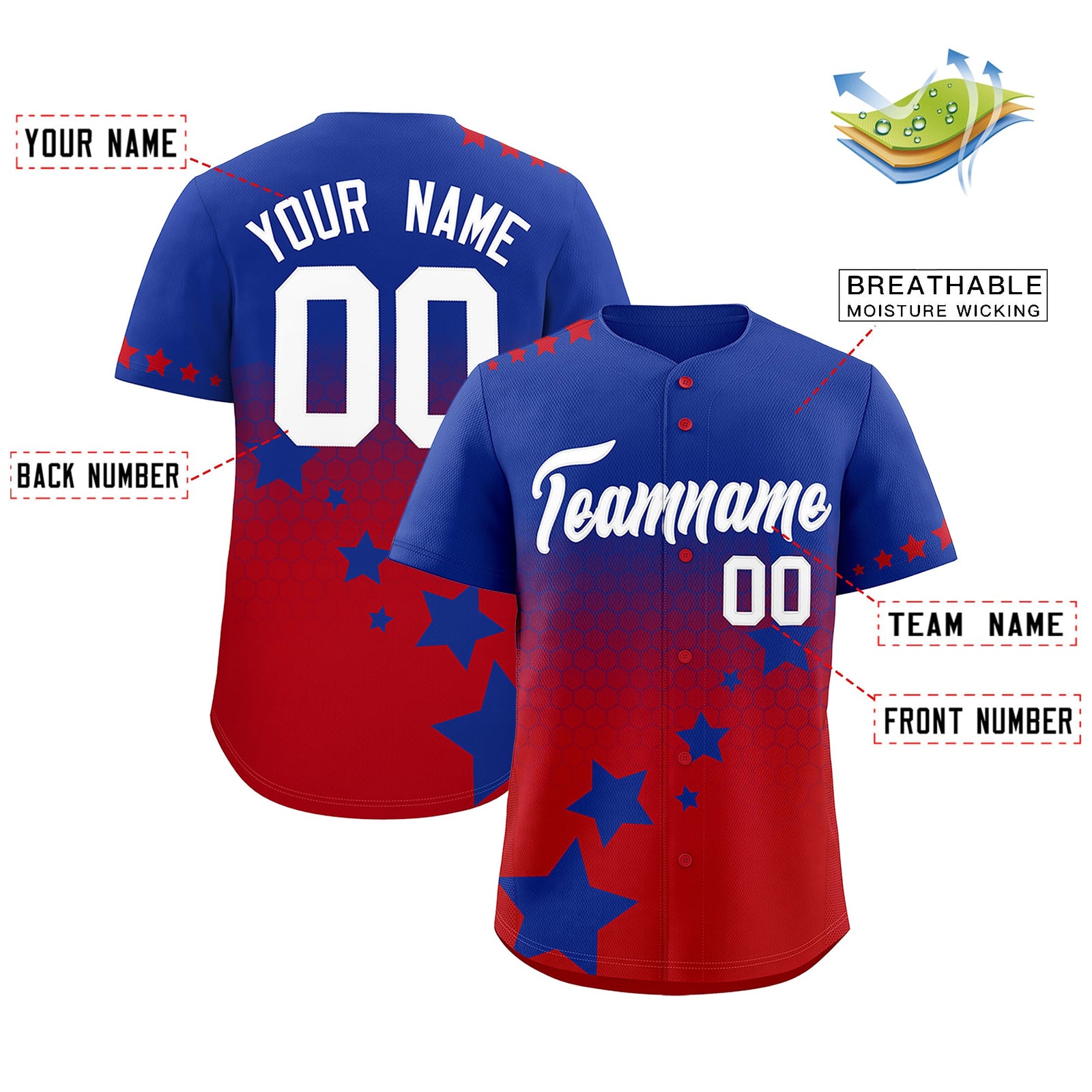 Custom Royal Blue Red White Rising Stars Series Gradient Fashion Baseball Jersey| KXKSHOP