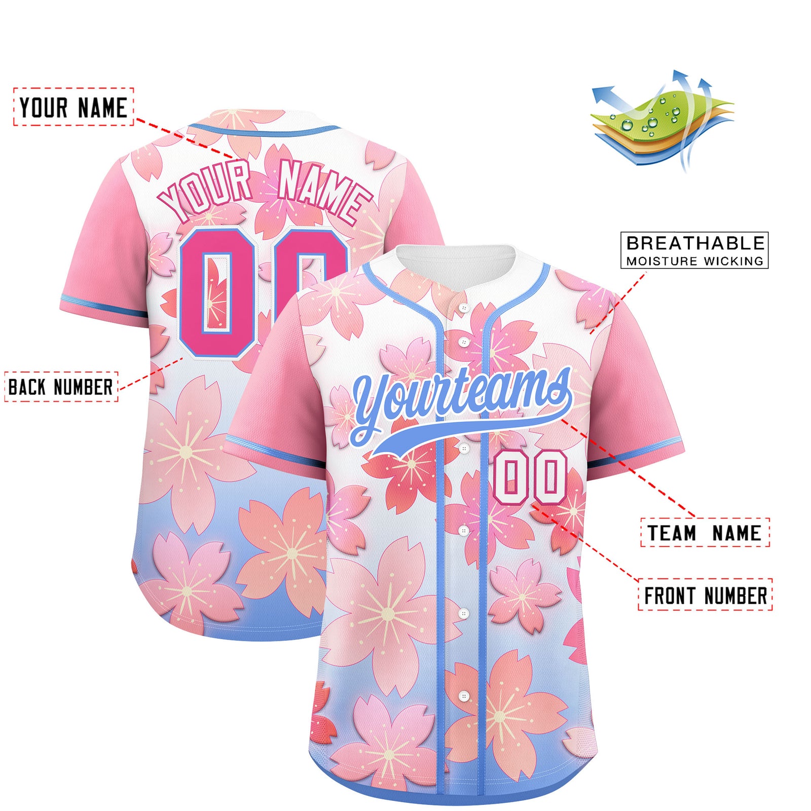 Custom Pink Powder Blue Gradient Fashion Elastic Baseball Jersey| KXKSHOP