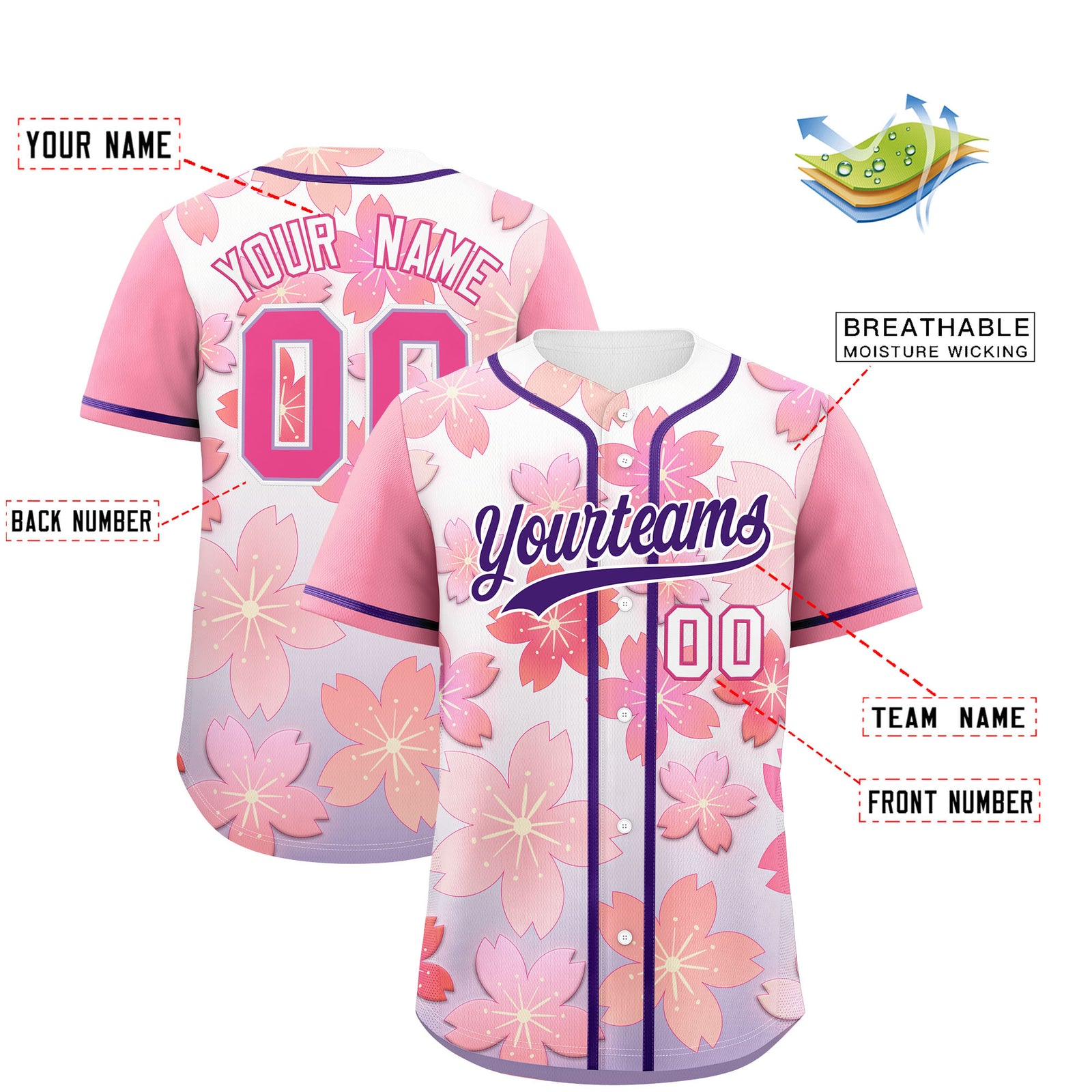 Custom Light Purple Pink Gradient Fashion Elastic Baseball Jersey| KXKSHOP