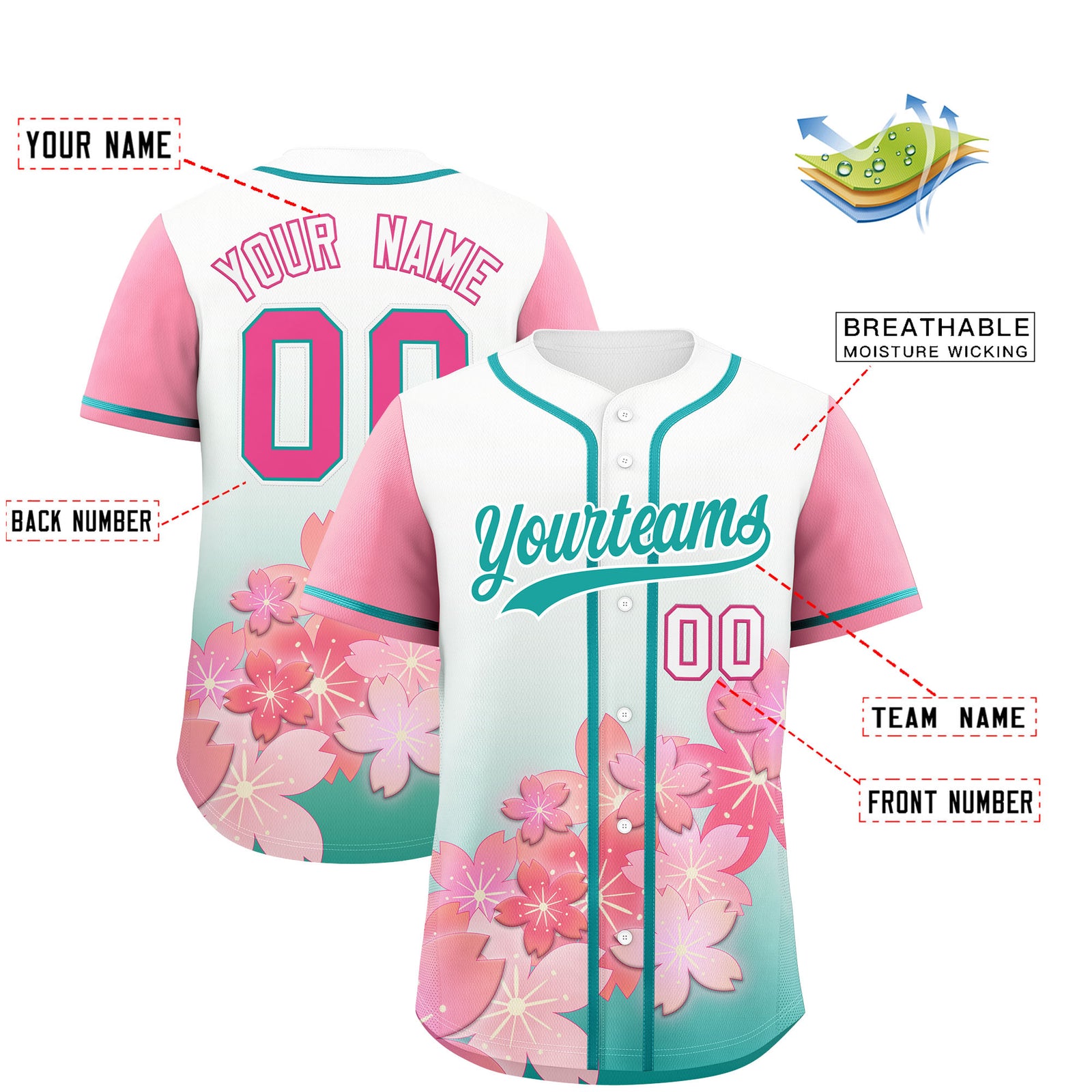 Custom Aqua Pink Gradient Fashion Elastic Baseball Jersey| KXKSHOP