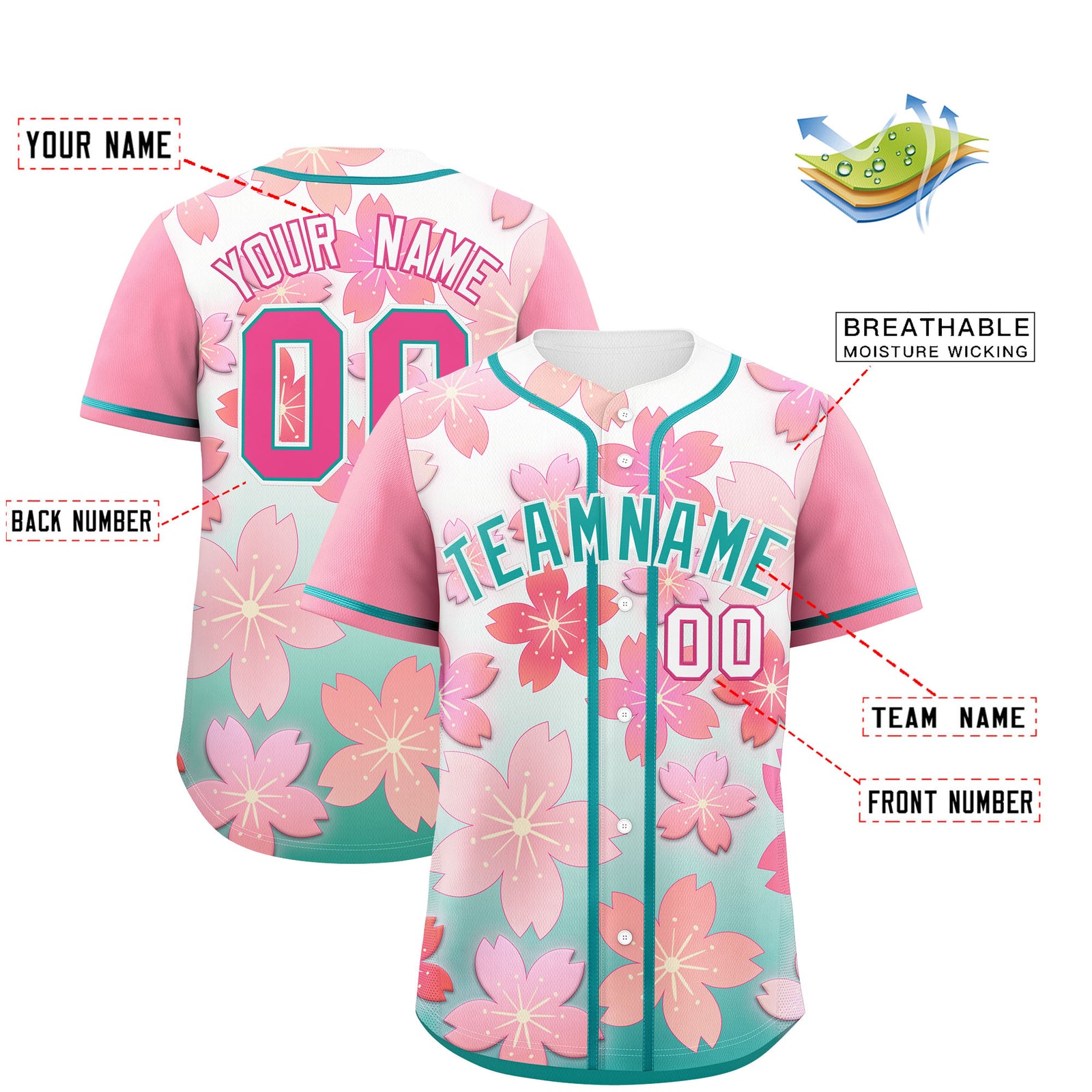 Custom Aqua Pink Gradient Fashion Elastic Baseball Jersey| KXKSHOP
