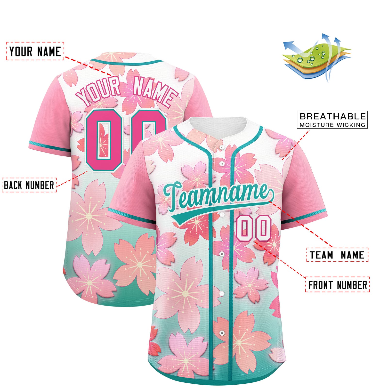 Custom Aqua Pink Gradient Fashion Elastic Baseball Jersey| KXKSHOP