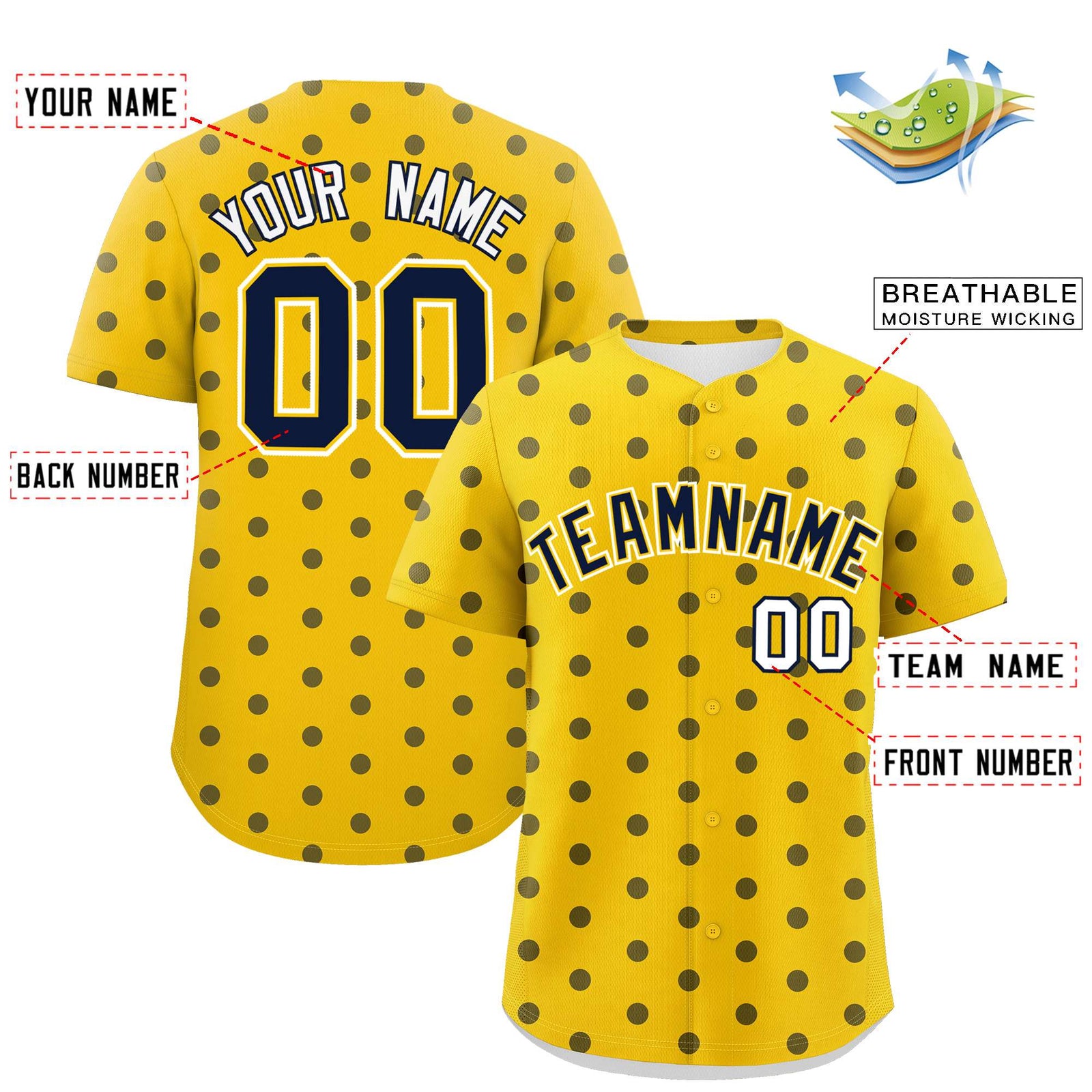 Custom Gold Navy Personalized Polka Dot Graffiti Pattern Authentic Baseball Jersey