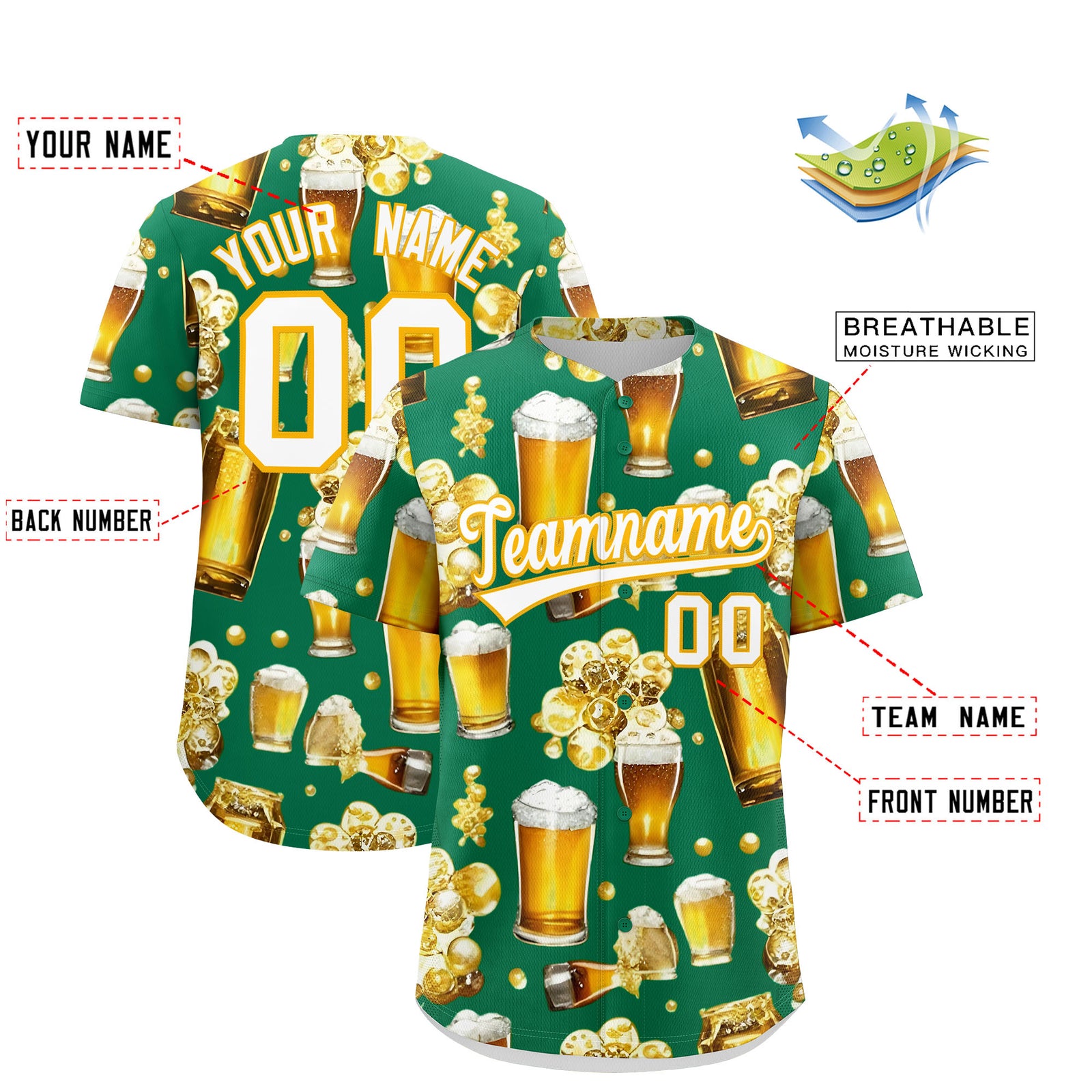 Custom Kelly Green Personalized Beer Day Shirt Parties Baseball Jersey