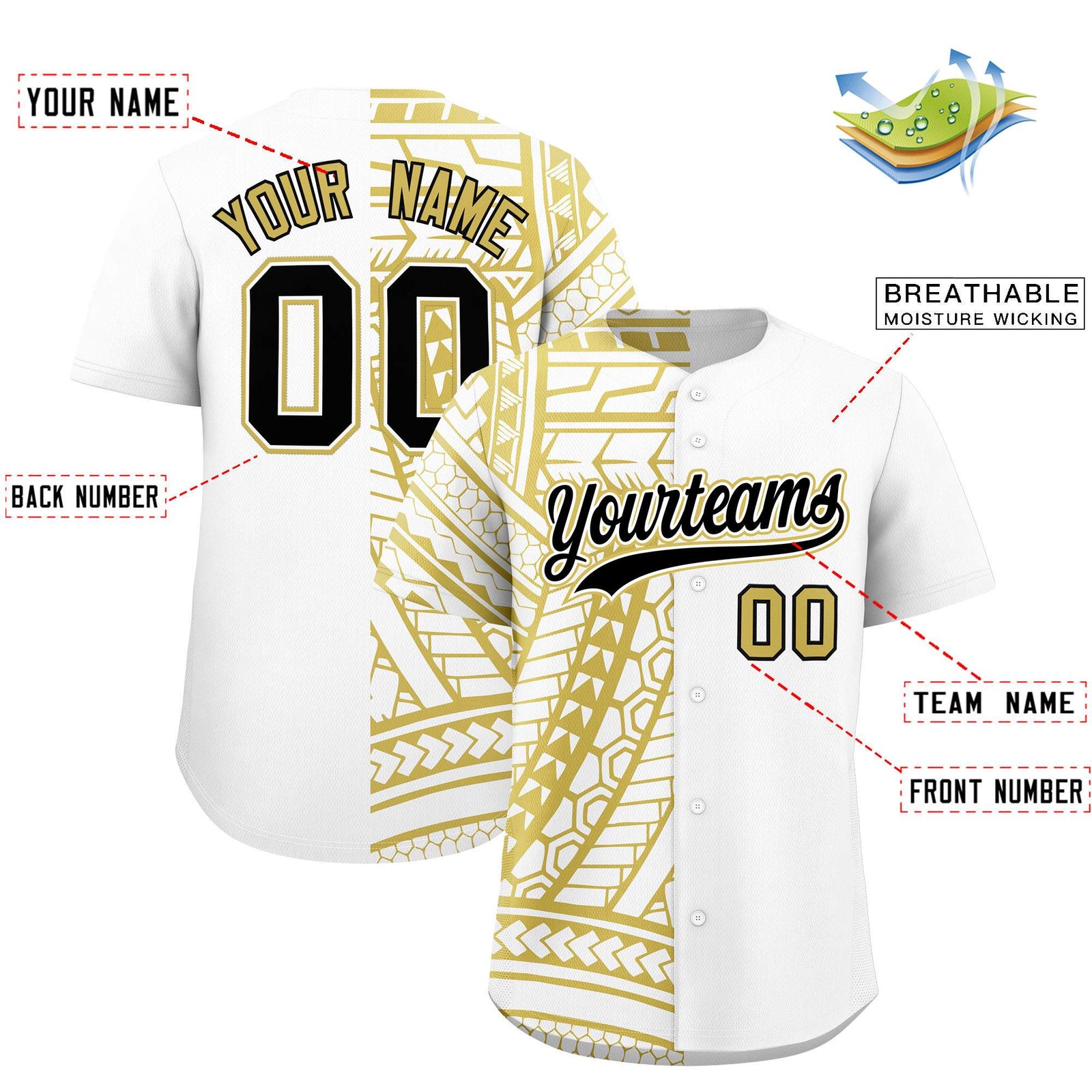 Custom White Old Gold Split Fashion Tribal Pattern Authentic Baseball Jersey
