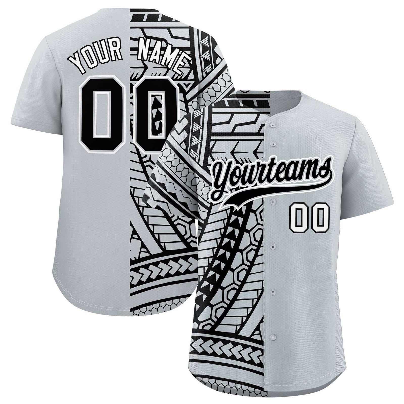 Custom Silver Black Split Fashion Tribal Pattern Authentic Baseball Jersey