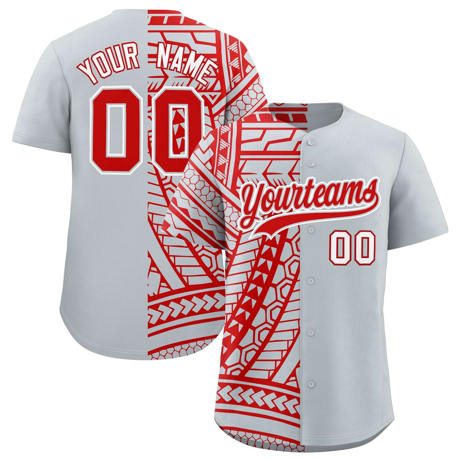 Custom Red Silver Split Fashion Tribal Pattern Authentic Baseball Jersey