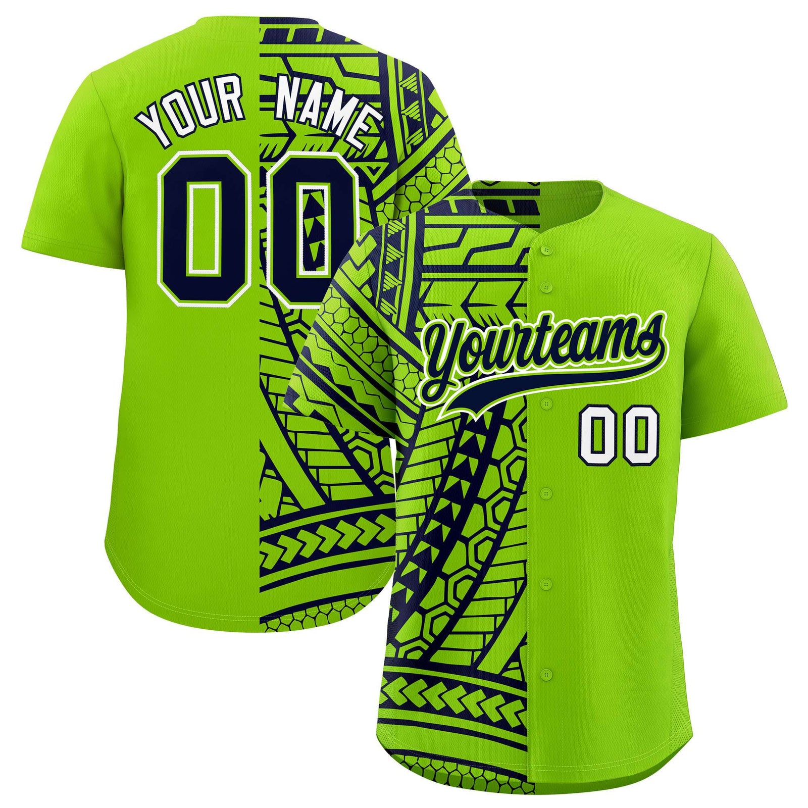 Custom Neon Green Navy Split Fashion Tribal Pattern Authentic Baseball Jersey
