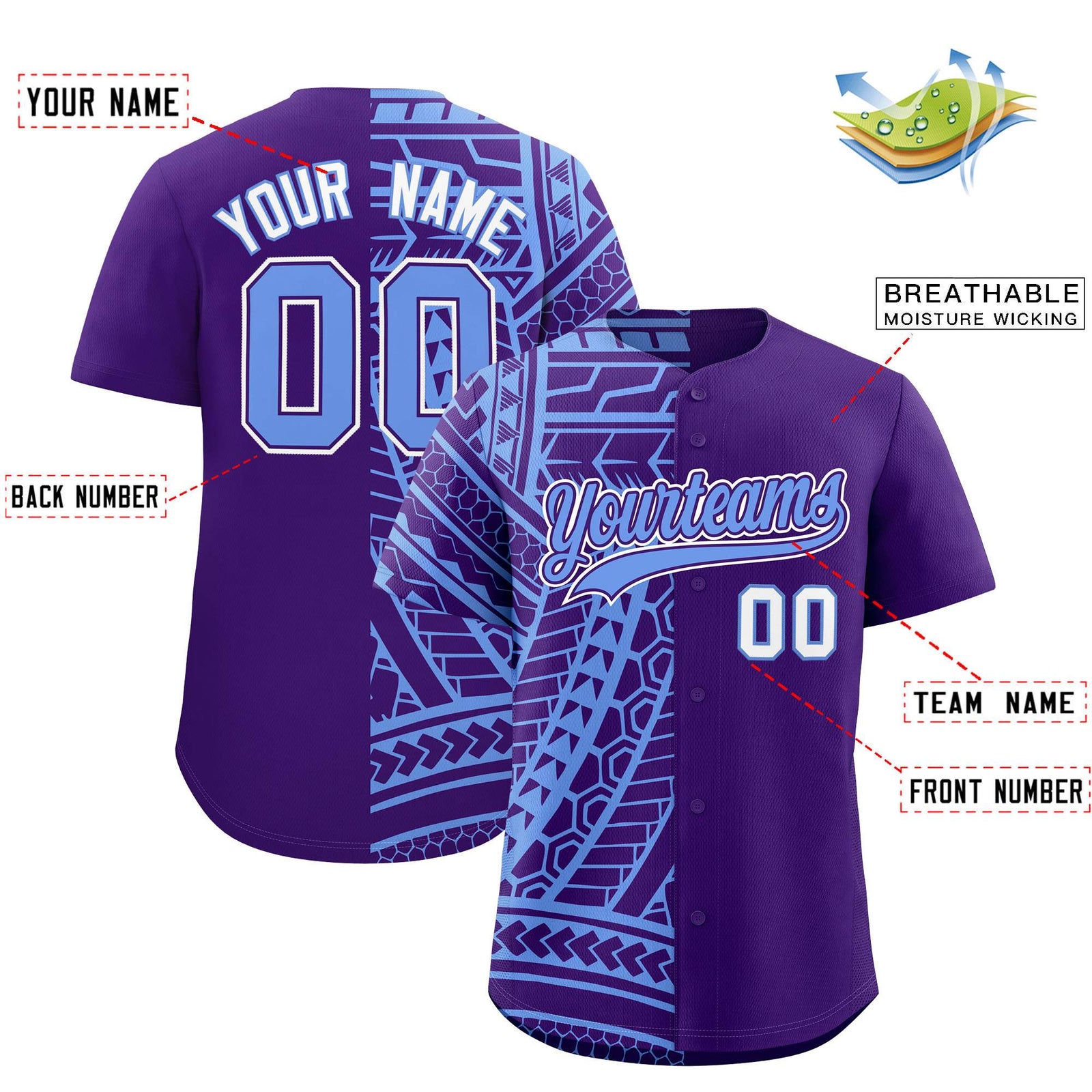 Custom Light Blue Purple Split Fashion Tribal Pattern Authentic Baseball Jersey