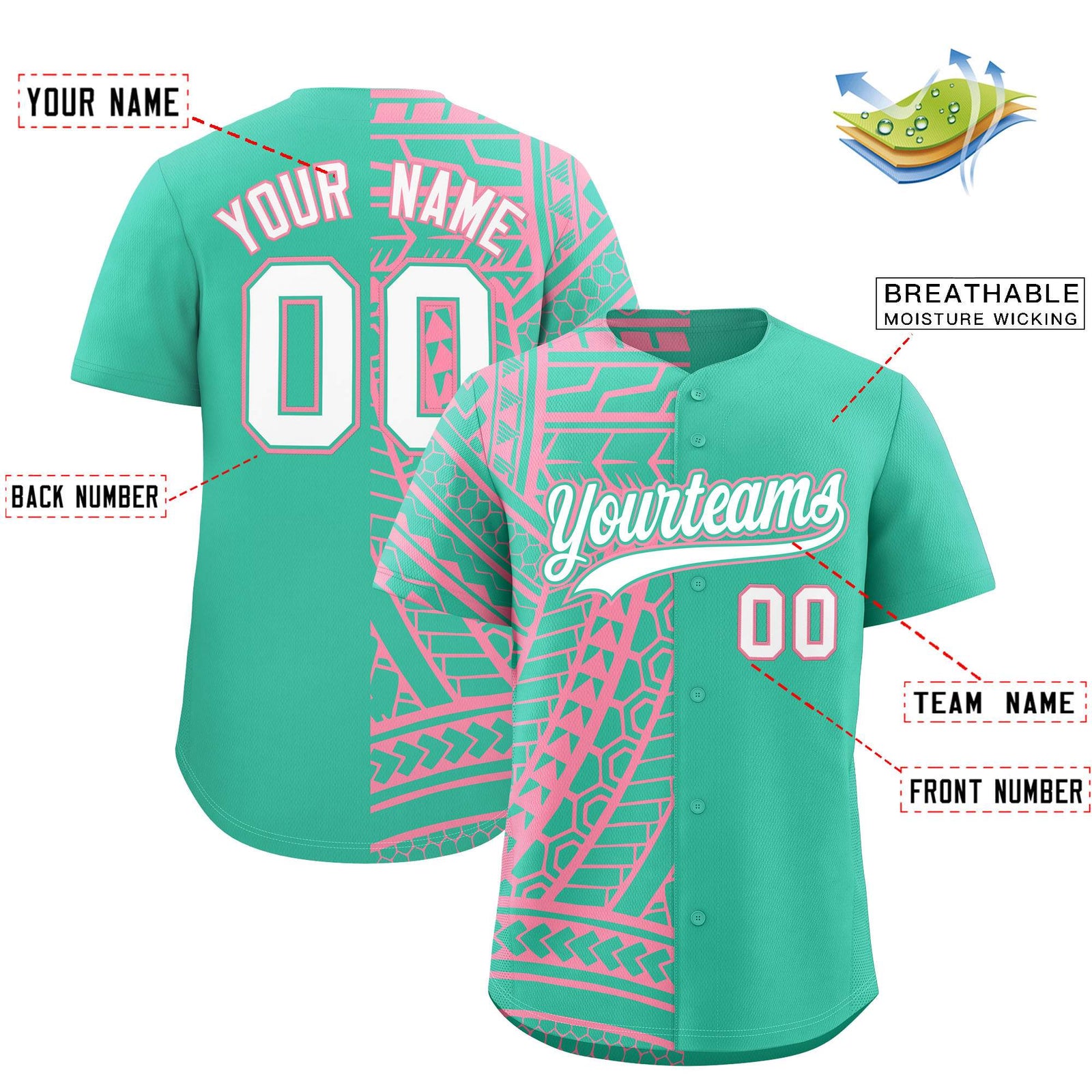Custom Bright Green Light Pink Split Fashion Tribal Pattern Authentic Baseball Jersey