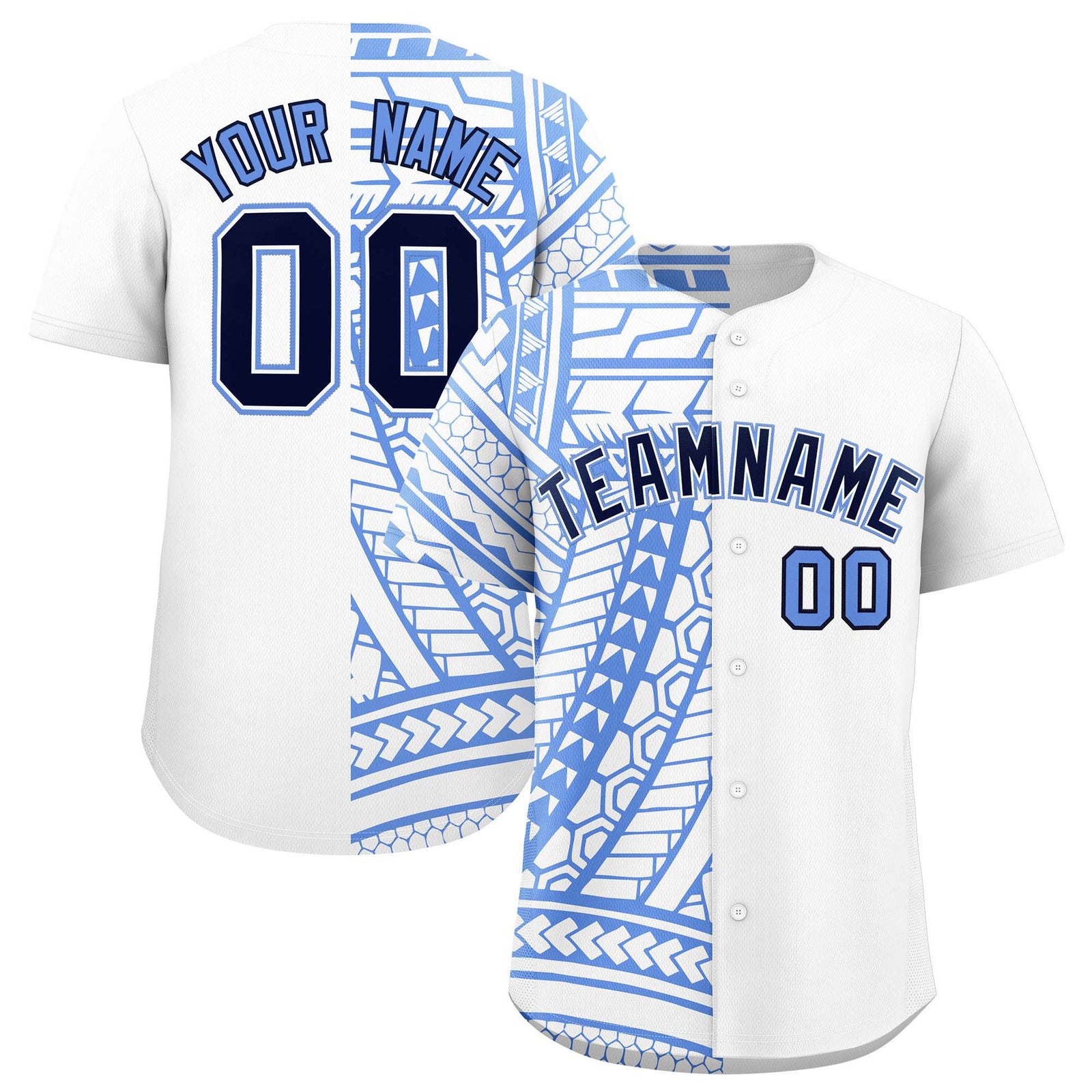 Custom Light Blue Navy Split Fashion Tribal Pattern Authentic Baseball Jersey