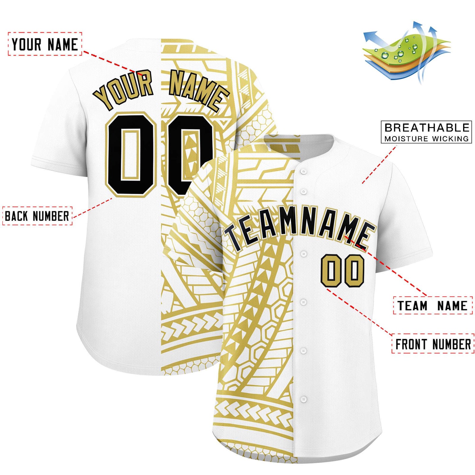Custom White Old Gold Split Fashion Tribal Pattern Authentic Baseball Jersey