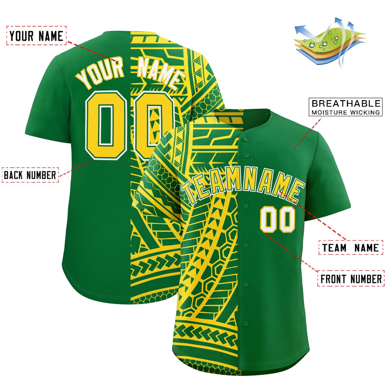 Custom Kelly Green Gold Split Fashion Tribal Pattern Authentic Baseball Jersey