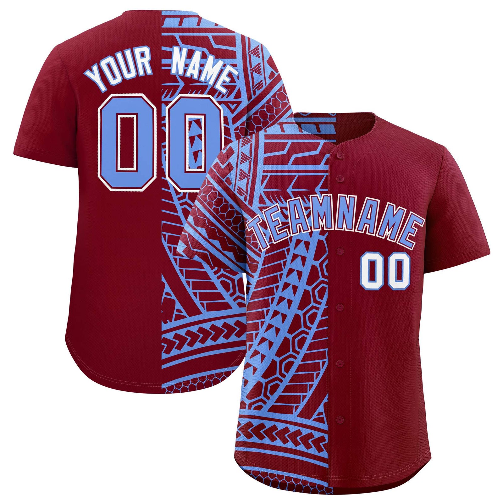 Custom Crimson Light Blue Split Fashion Tribal Pattern Authentic Baseball Jersey