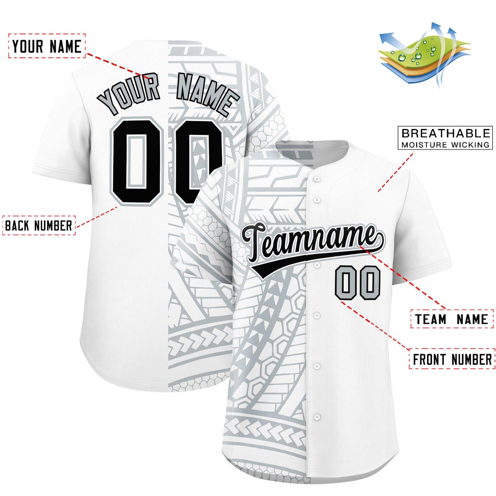 Custom White Silver Split Fashion Tribal Pattern Authentic Baseball Jersey