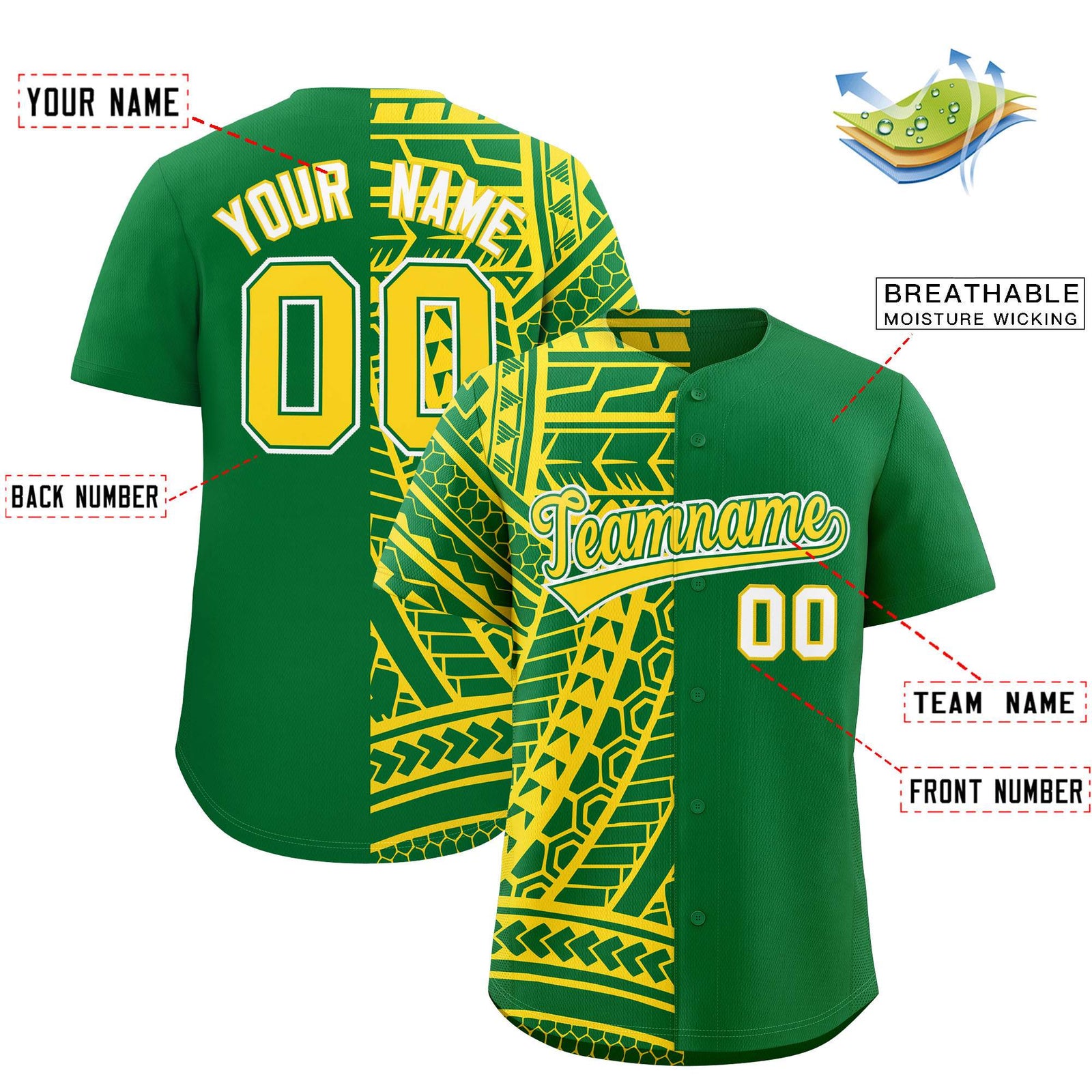 Custom Kelly Green Gold Split Fashion Tribal Pattern Authentic Baseball Jersey