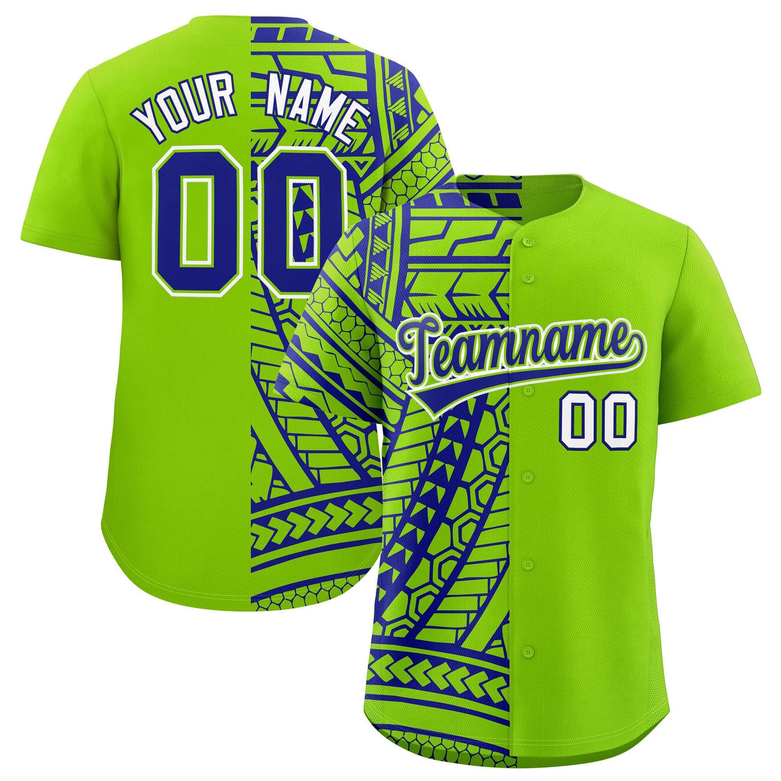 Custom Neon Green Royal Split Fashion Tribal Pattern Authentic Baseball Jersey