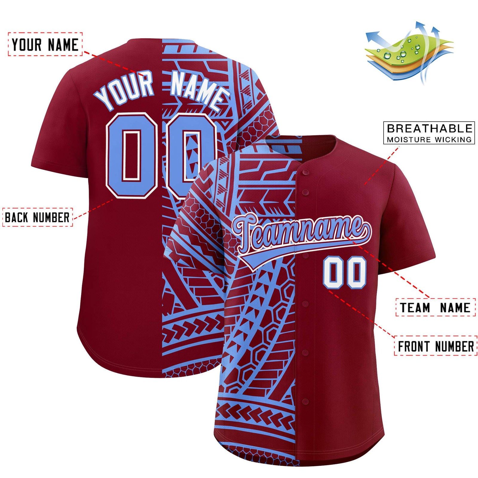 Custom Crimson Light Blue Split Fashion Tribal Pattern Authentic Baseball Jersey
